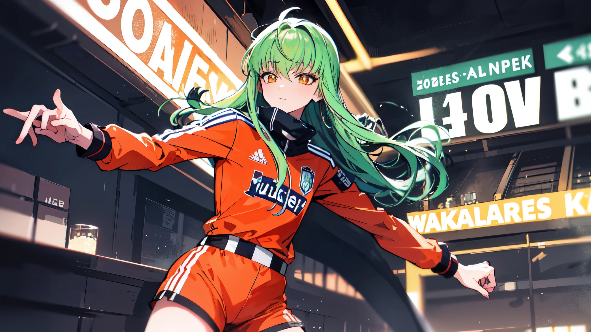 ((Meisterwerk:1.4, best quality))+, (Ultra-detailliert)+, bright torquise Hair color, Wolfsschnitt, pinke Augen, soccer stadium, soccer game,gewellte haar, orange soccer shirt tight to the body, soccer pants, soccer elements, dynamic position, silberne hautfarbe, bunter hintergrund, nacht ,(Blitzeffekt),(Kaltes Gesicht), soccer, viking valkyre woman, sexy, much skin, grass soccer field, soccer spirits