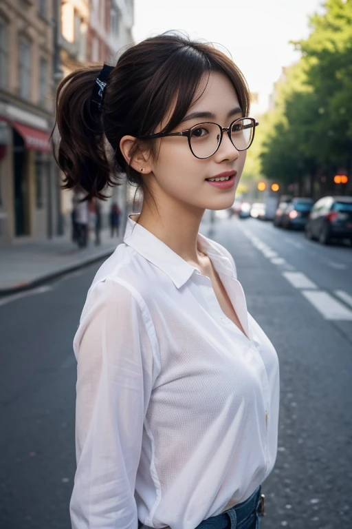 (8K、Raw photo、highest quality、masterpiece:1.2)、(realistic、Photoreal:1.37)、super detailed、Super high resolution、1 girl、see the beholder、beautiful and detailed face、laughter、narrow、(slim waist) :1.3)、shirt、Beautiful and smooth skin、skin texture、floating hair、professional lighting、in the street、Glasses、human body as a whole、brown hair、ponytail