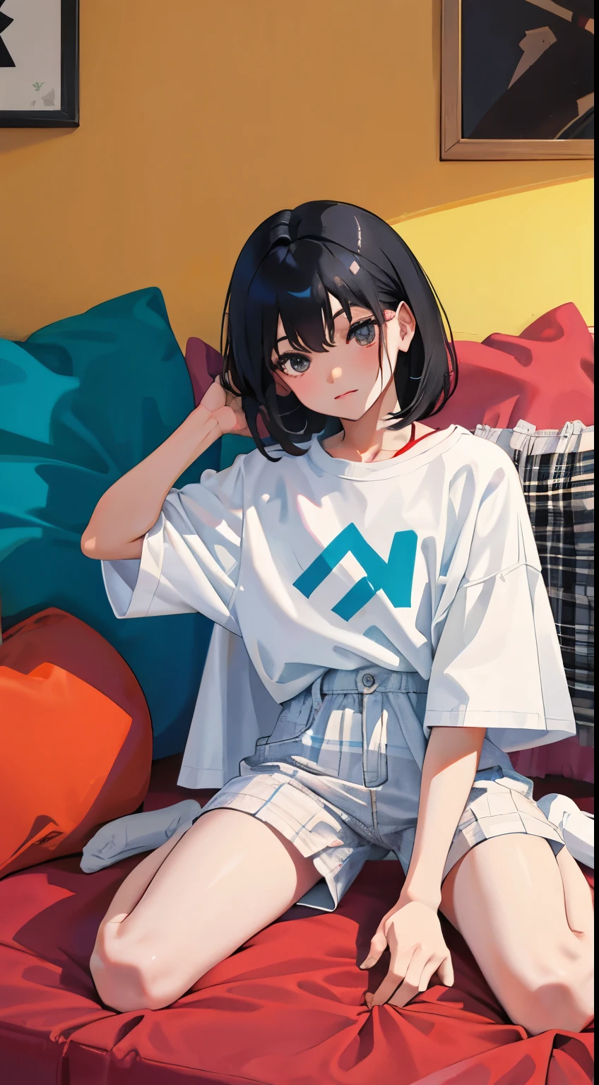 wariza,Put your hands between your legs,(),(masterpiece,Top quality),White plaid shorts,short sleeve,black hair