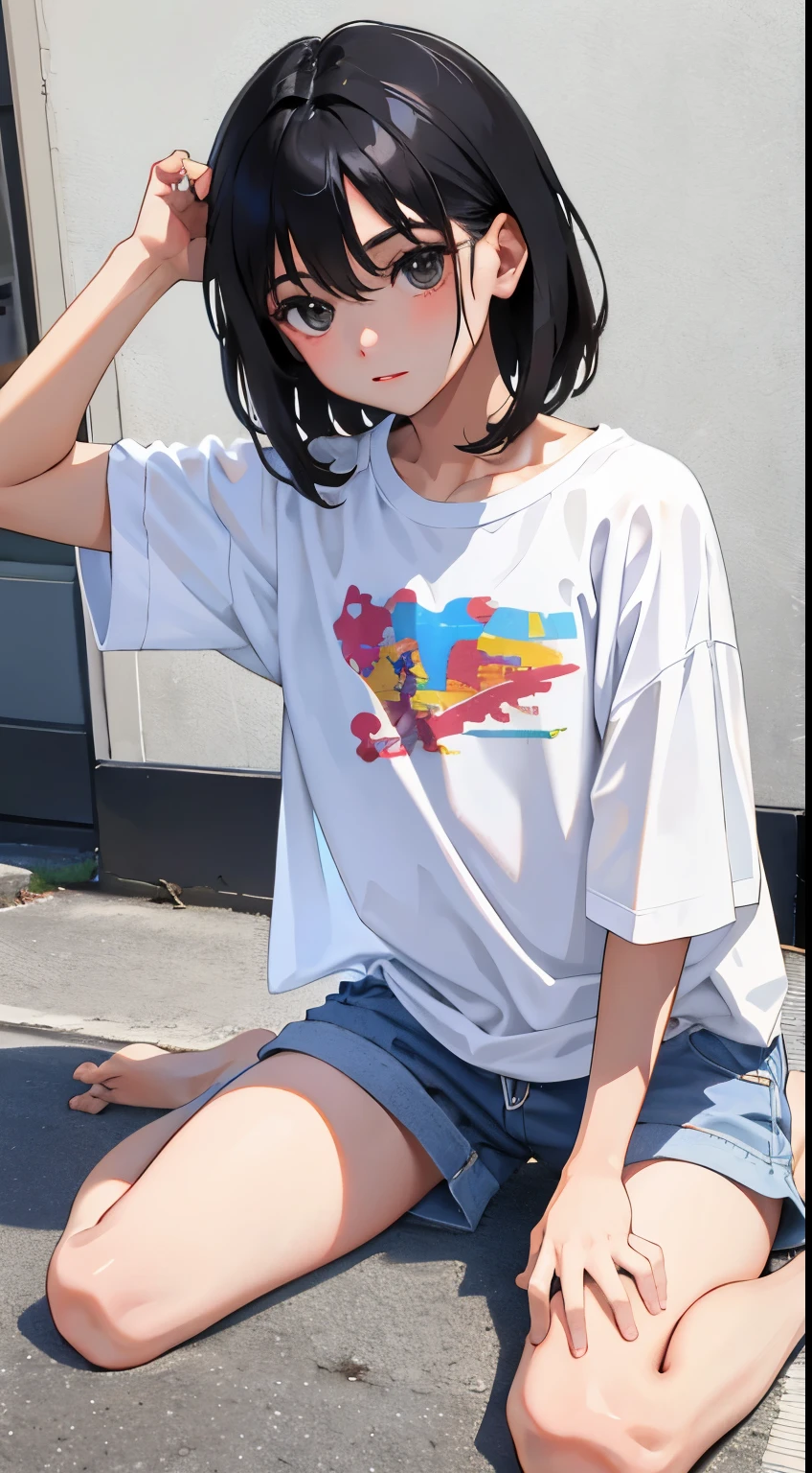 Adorable girl, very cute, round face, solo, slim, medium breasts, short height, madly adorable, shiny skin, plain white t-shirt, pink shorts, hands in pockets, love mouth, graffiti on wall