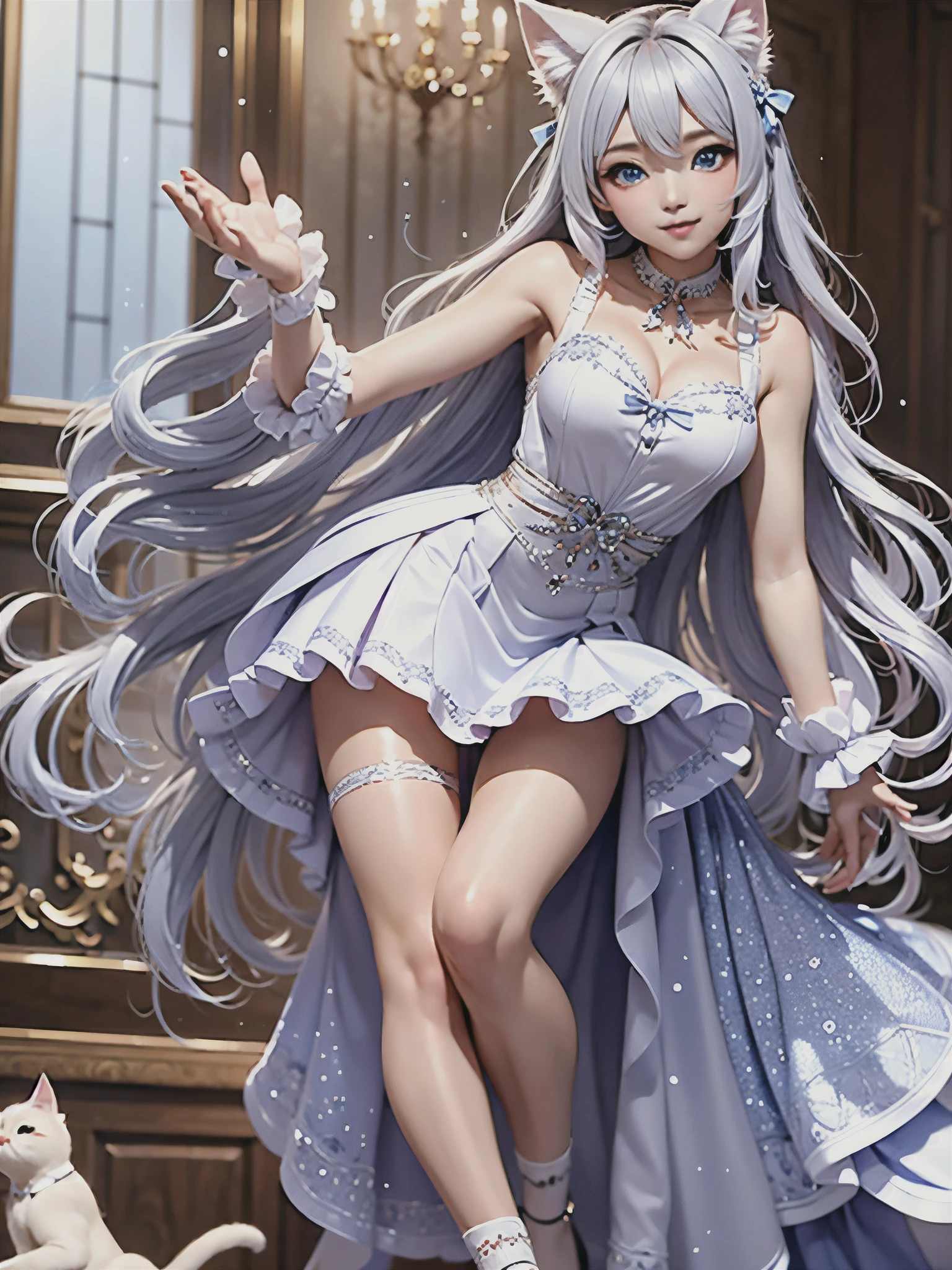 (best quality,high quality,higher quality,higher resolution,8k resolution,depth of field,close-up,exquisite facial features,perfect face,glowing skin,cat ears,half lips,awkward,shy,silver hair,long hair,learn to bark,garter belt,lift up skirt,coffee shop)