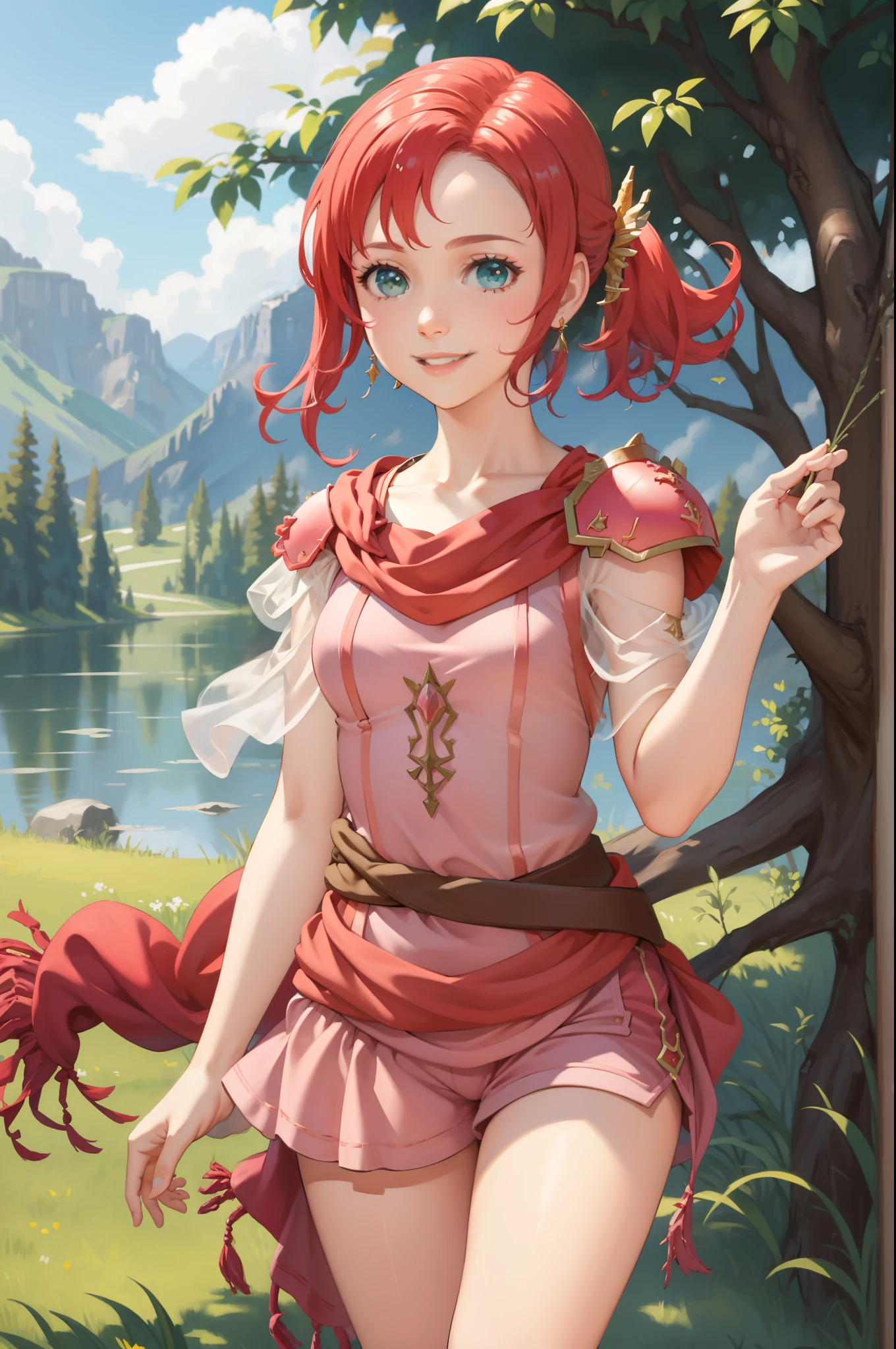 Anime girl with red hair and a red cape holding a red dragon - SeaArt AI