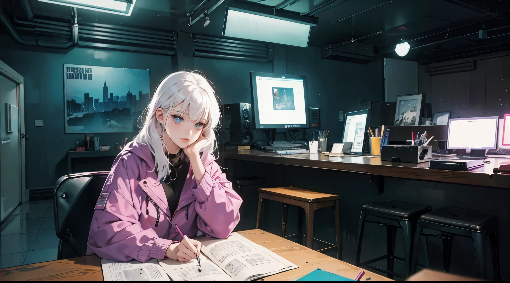 (commend), girl studying at table, white hair, read a book, Wearing earphones, night light, Neon landscape on rainy day, Simulates a color theme, Lo-fi hip-hop, flashback, flat lay, 2.5D , line art, ink painting, Large ink lines, watercolor, Gouache pigments, Studio Ghibli style, colorful, outerturn, Synthwave, Lofi Art, 90s style, Old textures, spacious, 90s atmosphere, masterpiece, Massive skills