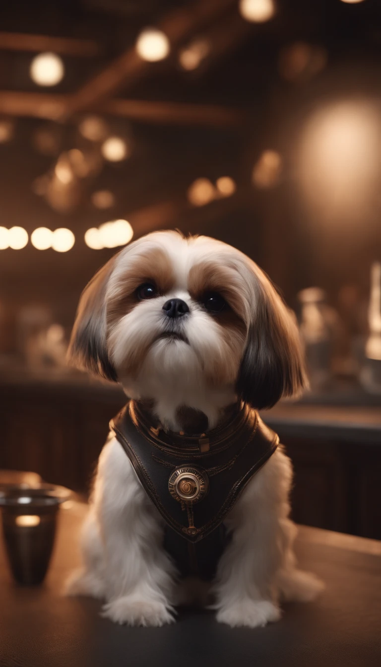 simple background，ultra photorealisticim，hyper detail，Mechanical Shih Tzu，Machine body，mechanical joint，Science fiction，Looks like a whole body，Highly detailed surreal VFX，impurity，Vision，super fine，super detailed，high quality，8K ，OC rendering，dynamic viewing angle、bar、barボン、ashtray、neon