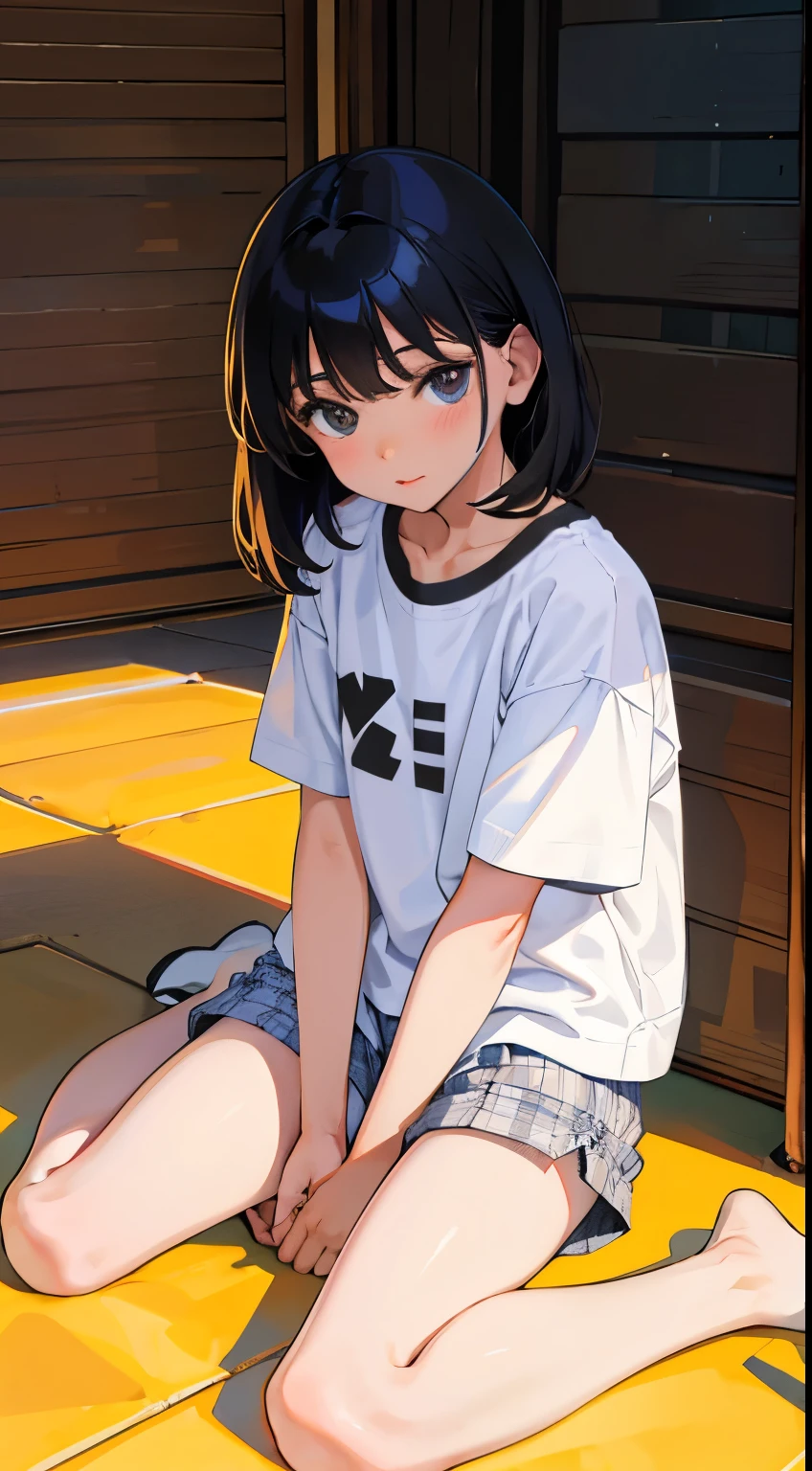 wariza,Put your hands between your legs,(),(masterpiece,Top quality),White plaid shorts,short sleeve,black hair