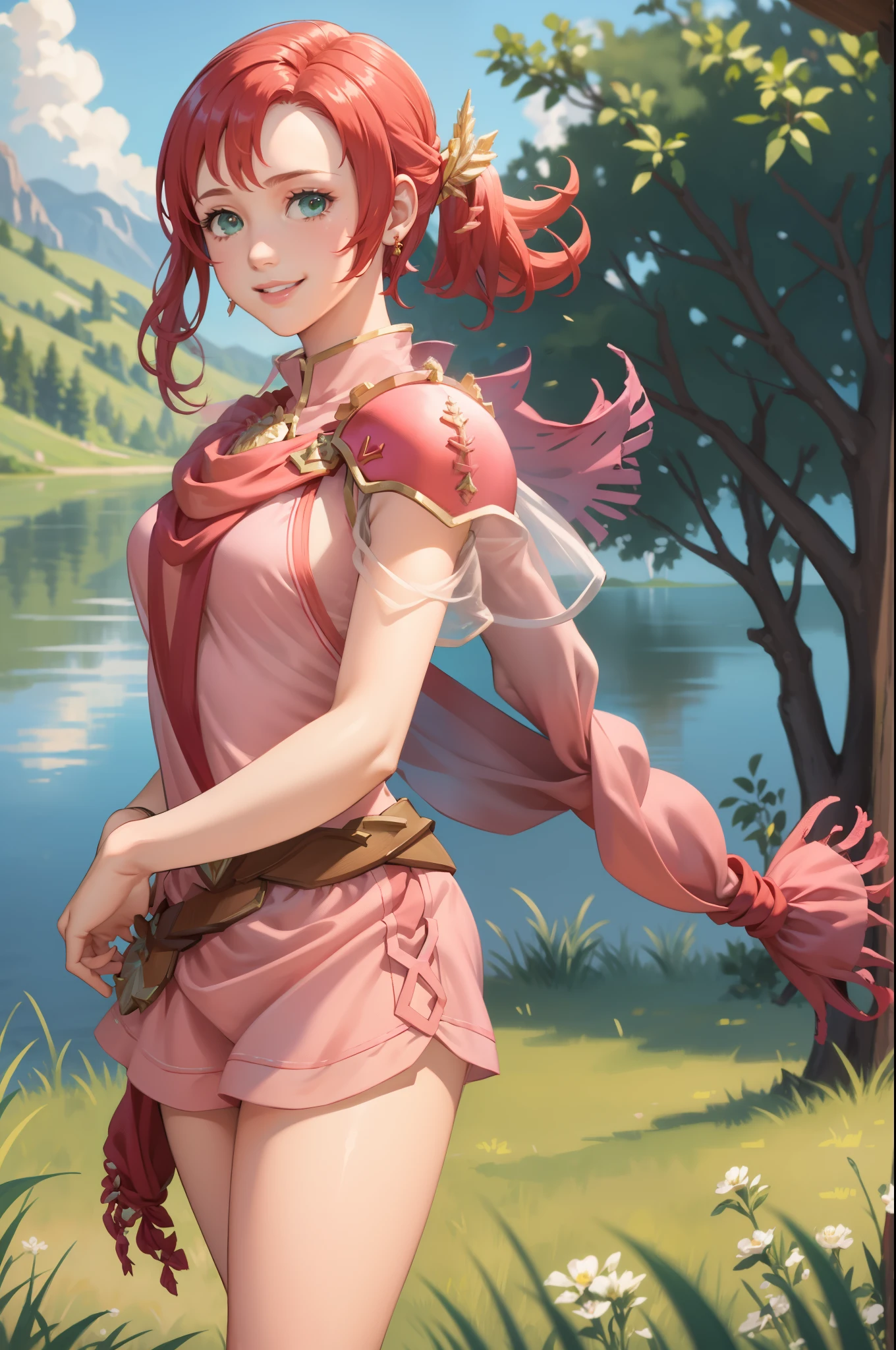 masterpiece, best quality, norne, hair ornament, shoulder armor, pink dress, shorts, red cape, earrings, upper body, looking at viewer, lake, trees, grass, sky, clouds, smile 