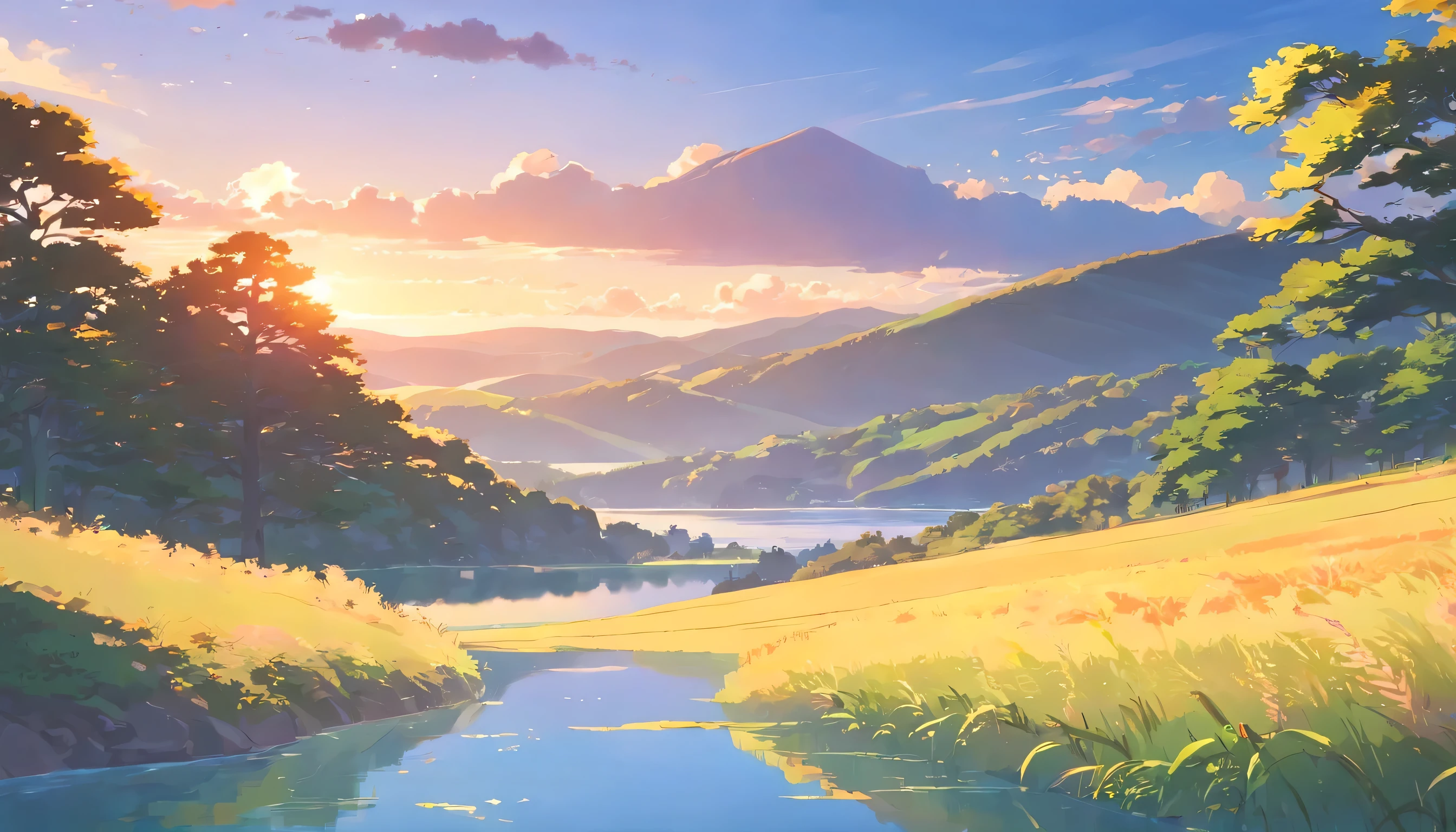 beauty of a serene landscape bathed in the warm hues of a setting sun. Explore the interplay of light and shadow on rolling hills or a calm lakeside scene.