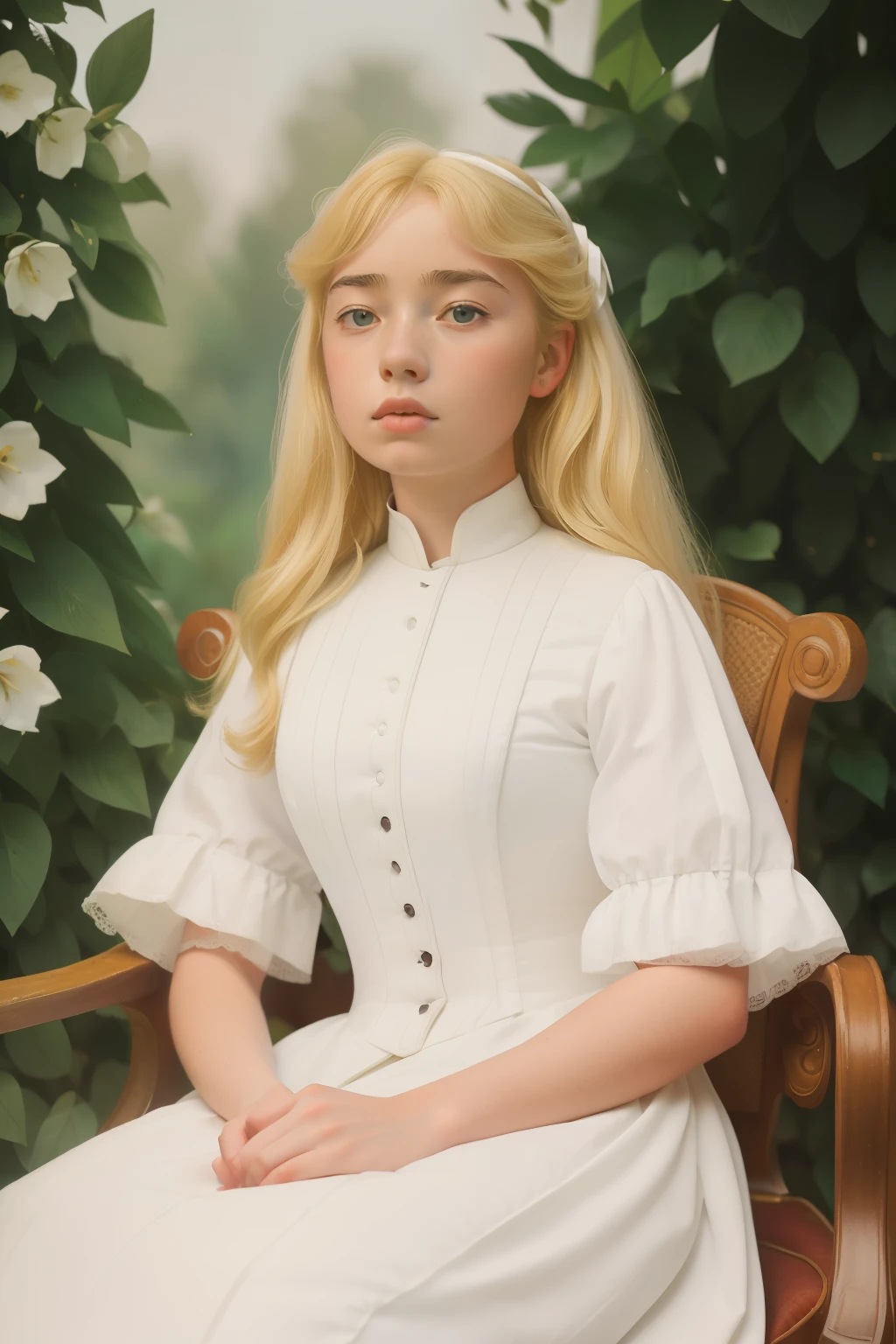 London, 1895. A ((((15-year-old)) Freya Mavor)), in the gardens of a boarding school for ladies. ((((white from the 19th century)))), ((blonde hairstyle from the 19th century))