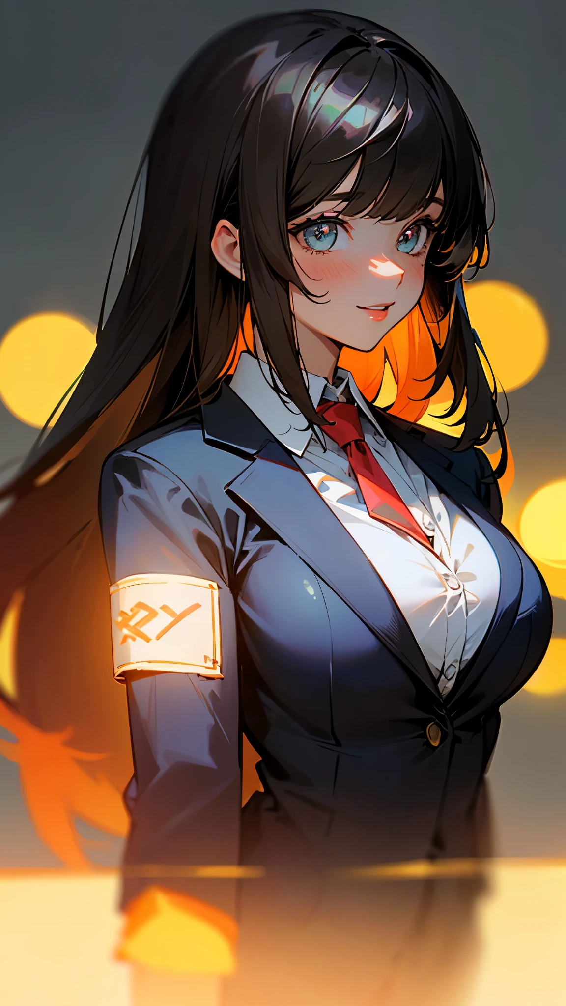(UHD, retina, masterpiece, accurate, anatomically_correct, textured_skin, super_detail, high_details, high_quality, best_quality, high_res, 1080P, HD, 4K, 8k, 16k), (beautiful_detailed_eyes, beautiful_detailed_lips, extremely_detailed_eyes_and_face), soft_lighting, physically-based_rendering, vivid_colors, (large_breasts:1.5), (shiny_hair, shiny_skin, tanned_skin, blush), (bangs:1.5), eye_reflection, (bokeh), semi-profile_view, smile_and_laugh, (blazer:1.5),