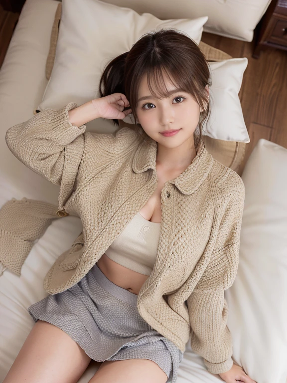sleep(Photoreal)、(Super high realism)、(ultra high resolution)、(Ultra high definition)、 ( girl、small face、very young face, natural makeup)(fair skin、Smooth skin、realistic texture)(sparkling eyes)beautiful breasts、beautiful cleavage、thin waist、big ass、((cute smile))((Long ponytail))With bangs(((light brown wool short coat、Gingham check tight miniskirt)))brown hair(earrings)Stylish coffee shop((((Thighs look bold、seductive pose、Bed、put your head on the pillow、Bedでsleep:1))))(((Full body shot from above、Visible up to the ankles)))((I can see your belly button))
