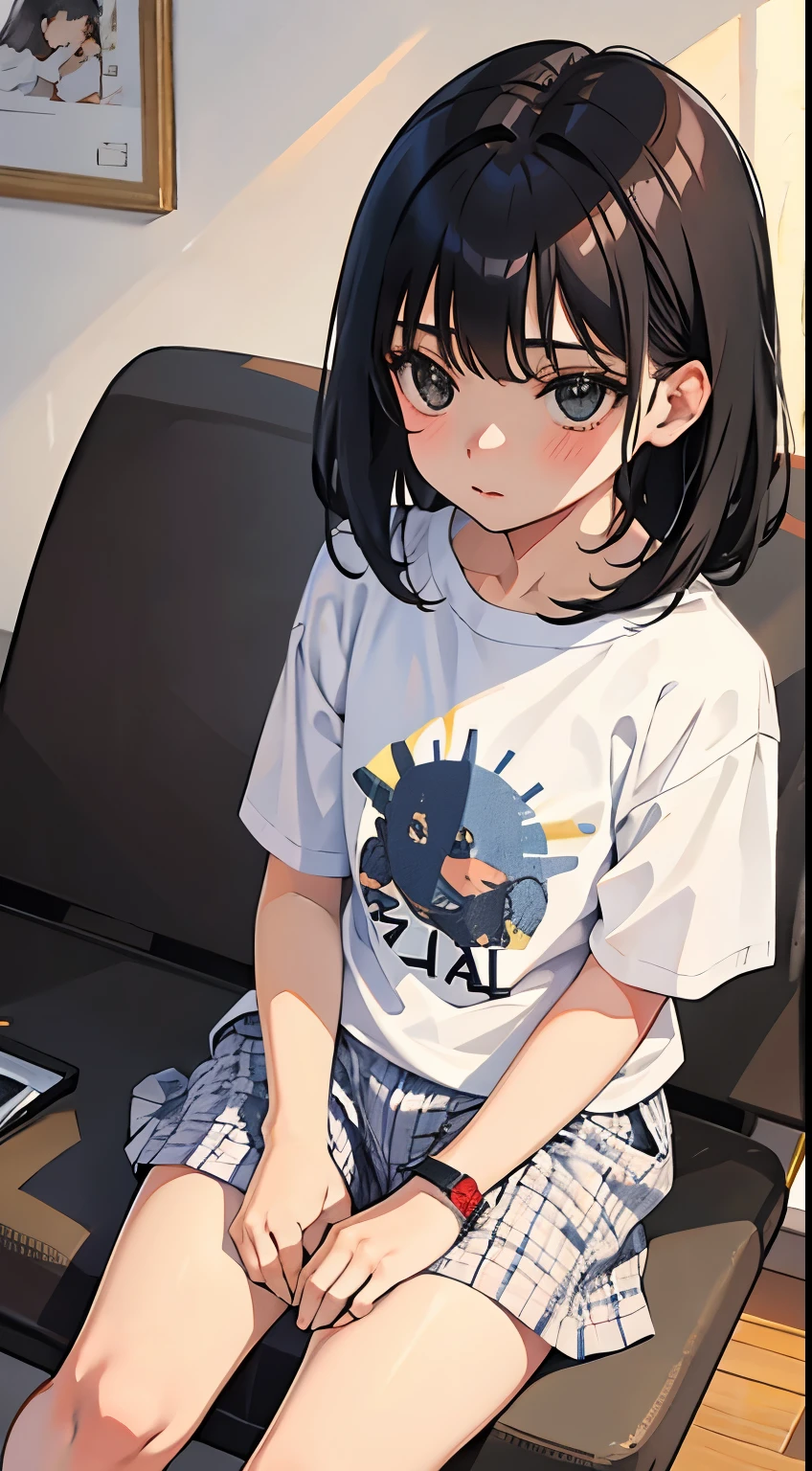 wariza,Put your hands between your legs,(child),(masterpiece,Top quality),White plaid shorts,short sleeve,black hair