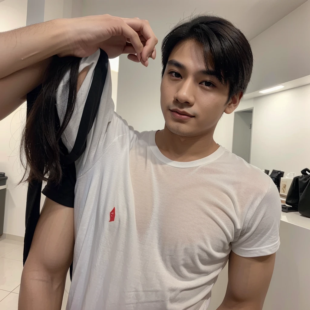 Vute and hot looking asian 24 years old boy wearing black t shirt white skin tone medium siza nose medium siza lips medium size eyes  brown eys black hair an expensive watch 