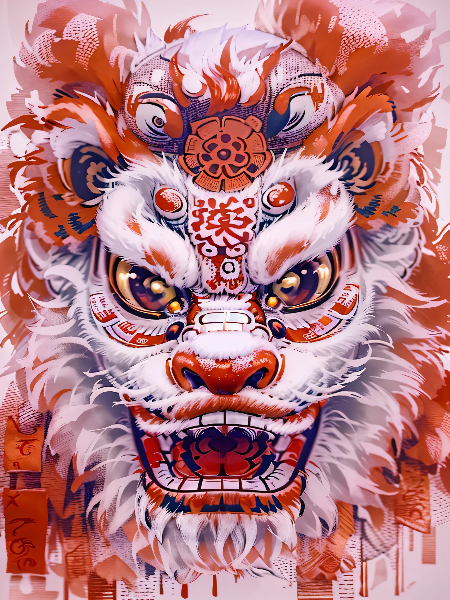 Chinese lion dance painting and Chinese symbols, Expressive facial feature style, white and red, 32k Ultra HD, Balinese Art, Action painter, Tupini Punk, specific group，Traveling in the world，Lion costume