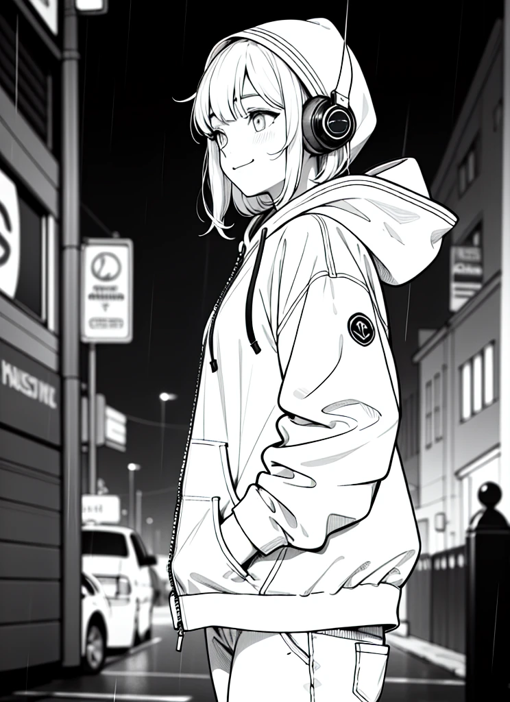 best masterpiece,1girl,solo,incredibly absurdres,hoodie,headphones, street,outdoors,rain,neon lights, light smile, hood up, hands in pockets, looking away, from side, lineart, monochrome,