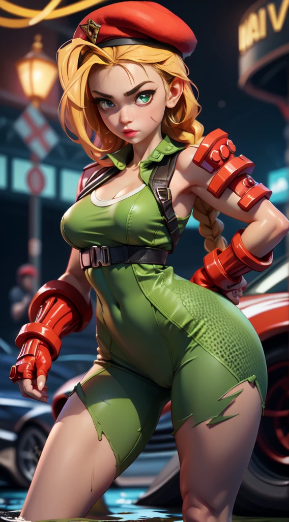 Best Quality, Masterpiece, Ultra High Resolution, rembrandt Lighting, night time, background dark, cammy street fighter, attractive, long blonde braided hair, wearing small red army beret hat, sexy singlet vibrant green outfit, wearing red combat gloves, combat boots, leggings, no cleavage, seductive, extra curves, wet skin,  breasts, white skin, 3/4 shot of adynamic combat pose, big thighs, slim waist, shy, sfw, scantily clad, ripped, revealing outfit, camel toe, flawless masterpiece kawaii, perfect body, perfect face, perfect hands, perfect fingers, sexy pose, PERFECT ANATOMY