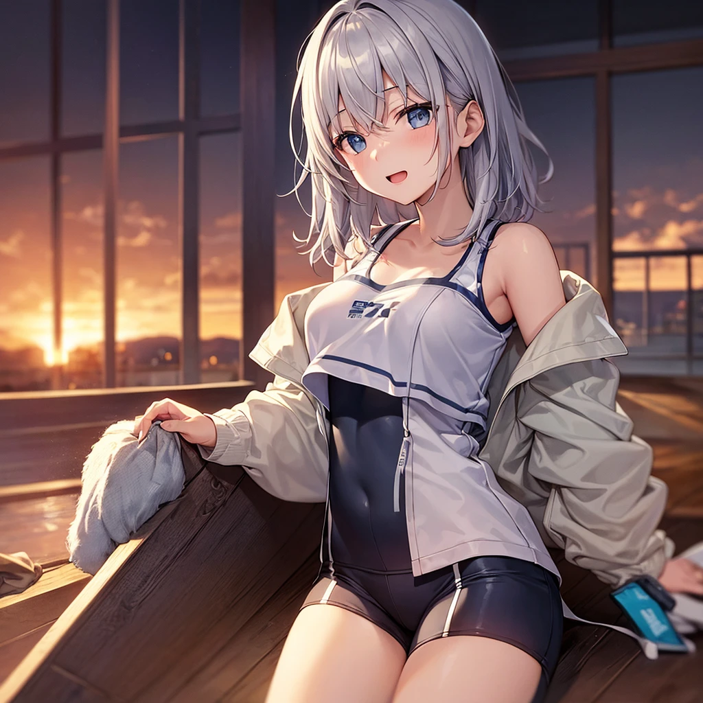 super high quality, with a girl, 20-year-old, very short hair, long bangs between the eyes, pale blue eyes , very detailed,(masterpiece、highest quality)、alone、gray hair、laughter、fantasy, silver hair, black eye, beautiful eyes,, ecstasy, charm, be smitten with audience, fantasyな風景、evening、sportswear