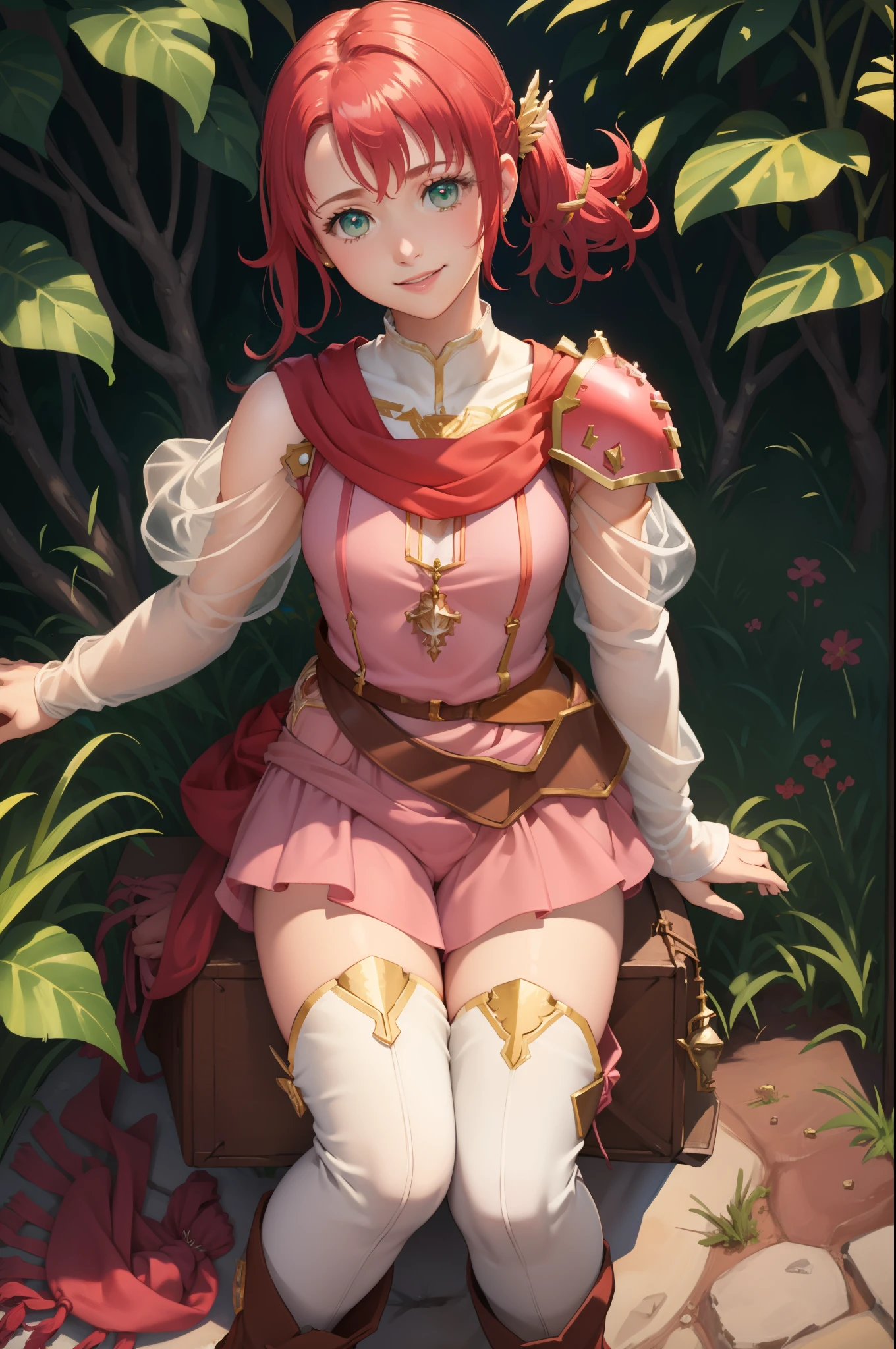 masterpiece, best quality, norne, hair ornament, shoulder armor, pink dress, shorts, white thighhighs, red cape, earrings, upper body, boots, crouching, looking up, looking at viewer, from above, smile, trees, bushes, forest, grass