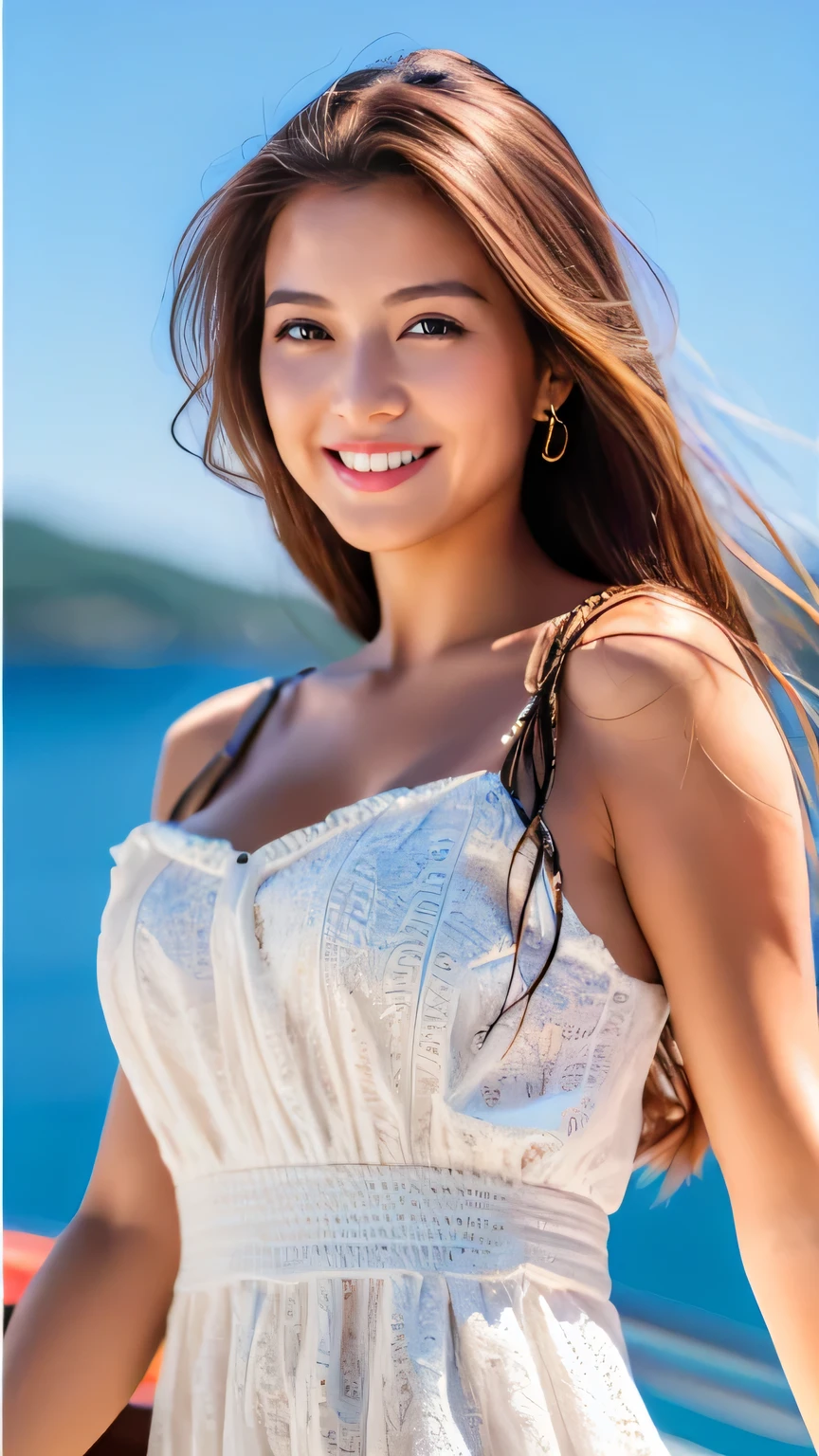 Hyper-Realism, (Photorealsitic:1.4), 8K, maximum resolution, (masterpiece), highly detailed, Professional, best quality, Refined face, beautiful woman, detailed beautiful eyes and lip, beautiful face, idol face, full body, whole body, Casual summer dress, Arms crossed confidently, Radiant smile