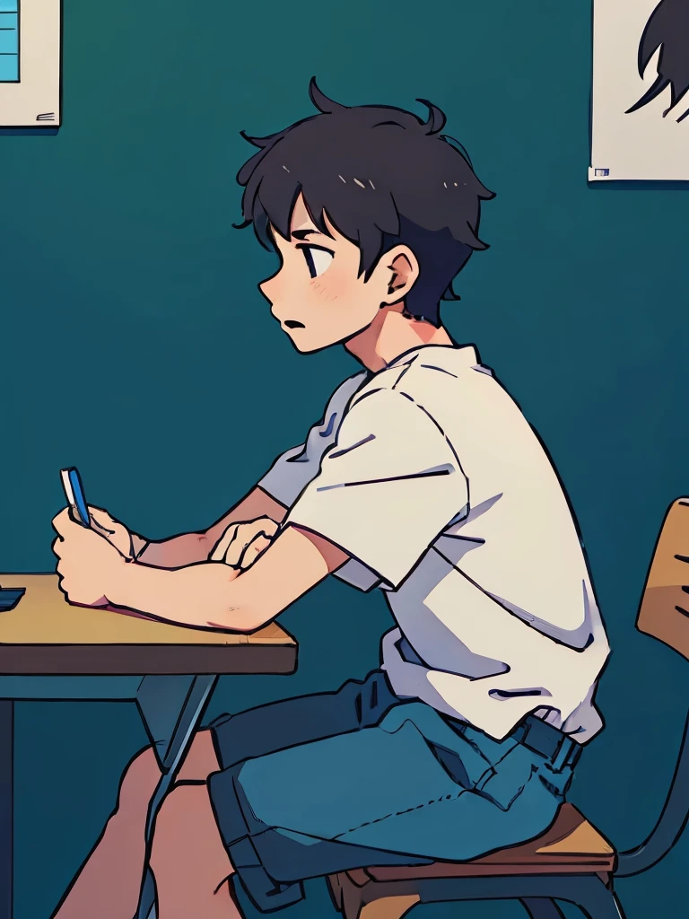 Perfect anime illustration, side view illustration of a boy having short messy hair, sitting on a table looking at his side