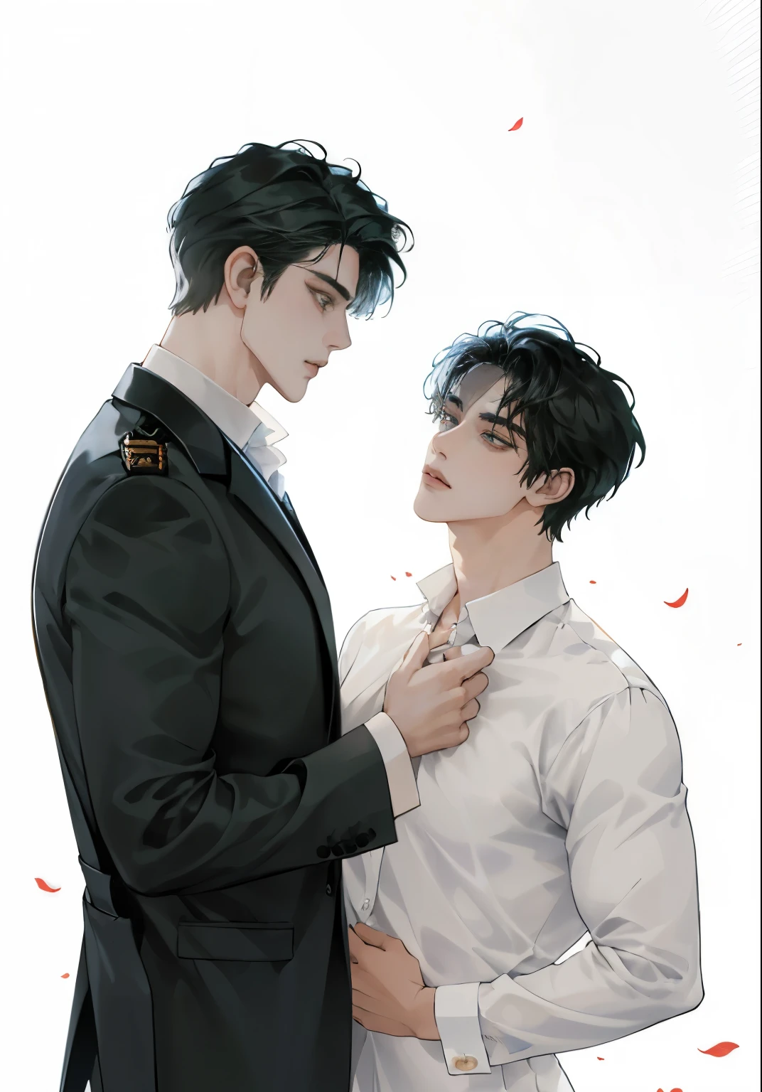 anime, Man in a suit and woman in a white shirt, high quality fanart, two anime handsome men, Male Art, Edmund Blair and Charlie Bowater, Niksu and Sakimichan, by jeonseok lee, By Sim Sa-jeong, By Kim Myeong-guk, By Yang J, In the art form of the pond