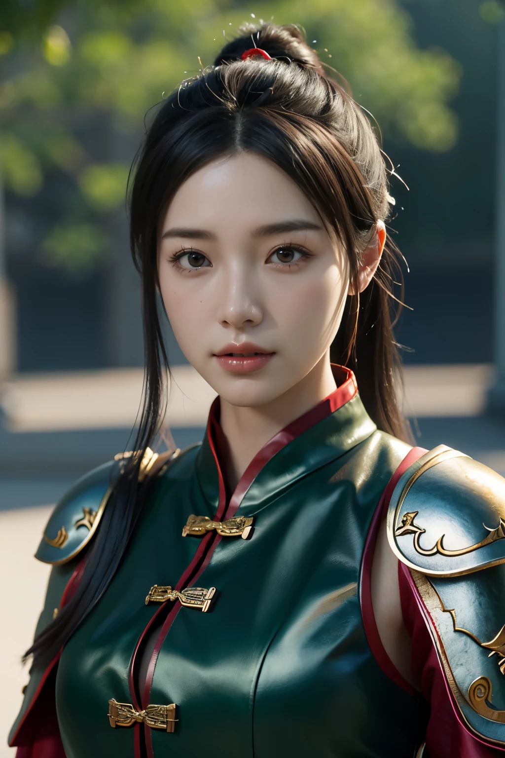 Game art,The best picture quality,Highest resolution,8K,((A bust photograph)),((Portrait)),(Rule of thirds),Unreal Engine 5 rendering works, (The Girl of the Future),(Female Warrior),
一位中国少女,(Female General),An eye rich in detail,(Big breasts),优雅高贵,冷漠,(Brave),
(Wearing ancient Chinese armor),(Clothing is a combination of silk and leather),A fine pattern of dress,A mark with Chinese characteristics,中国人物,奇幻风格,
拍照姿势,野外背景,Movie lights,Ray tracing,Game CG,((3D Unreal Engine)),oc渲染反射纹