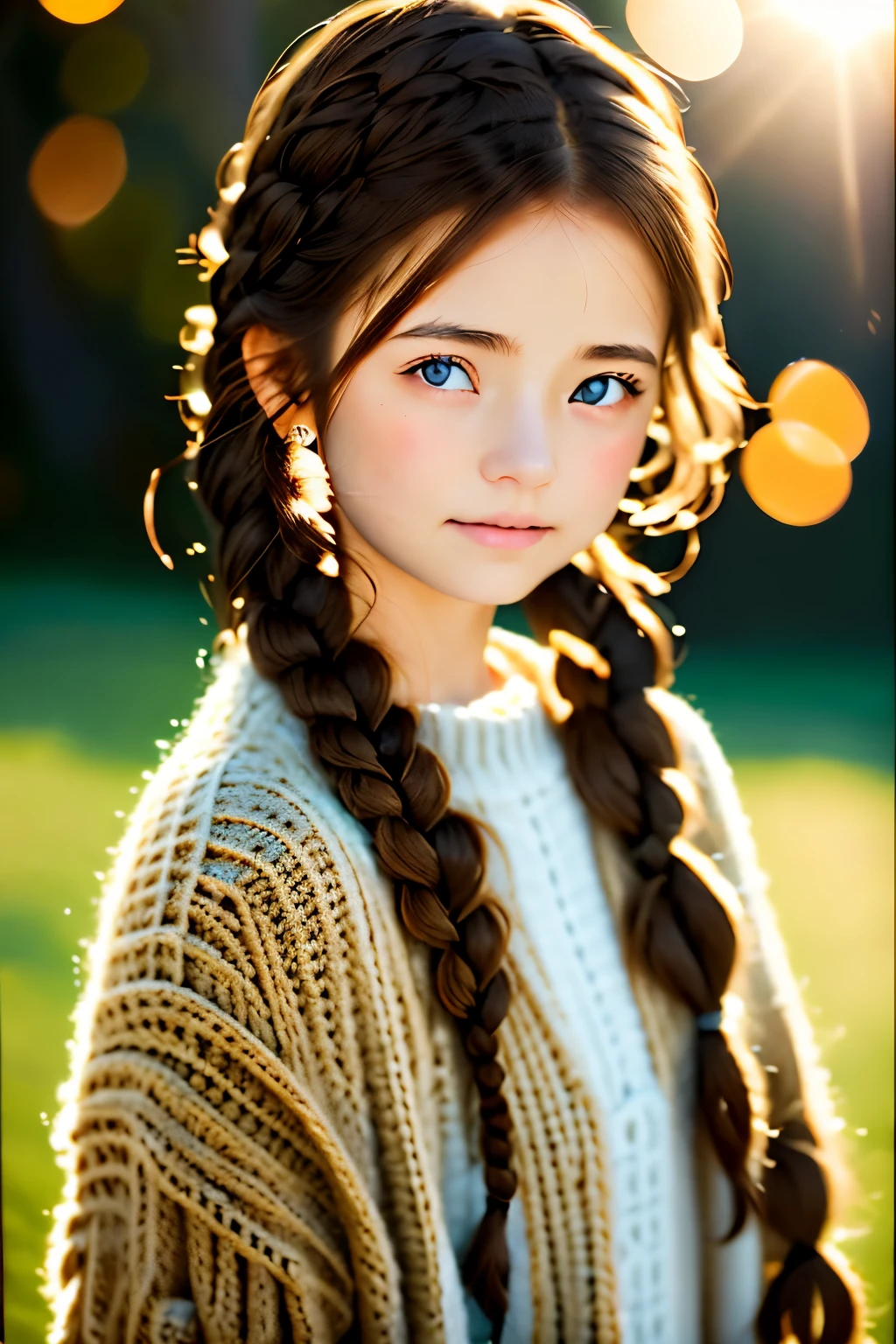 girl,１８talent、 cozy sweater, Upper body,Very cute、brown eyes、brown hair、french braid, (wide open eyes:1.2), glare of the sun, Bokeh, Depth of bounds written, blurred background, particles of light, strong wind,、Highest image quality、highest quality、ultra high resolution、master piece、