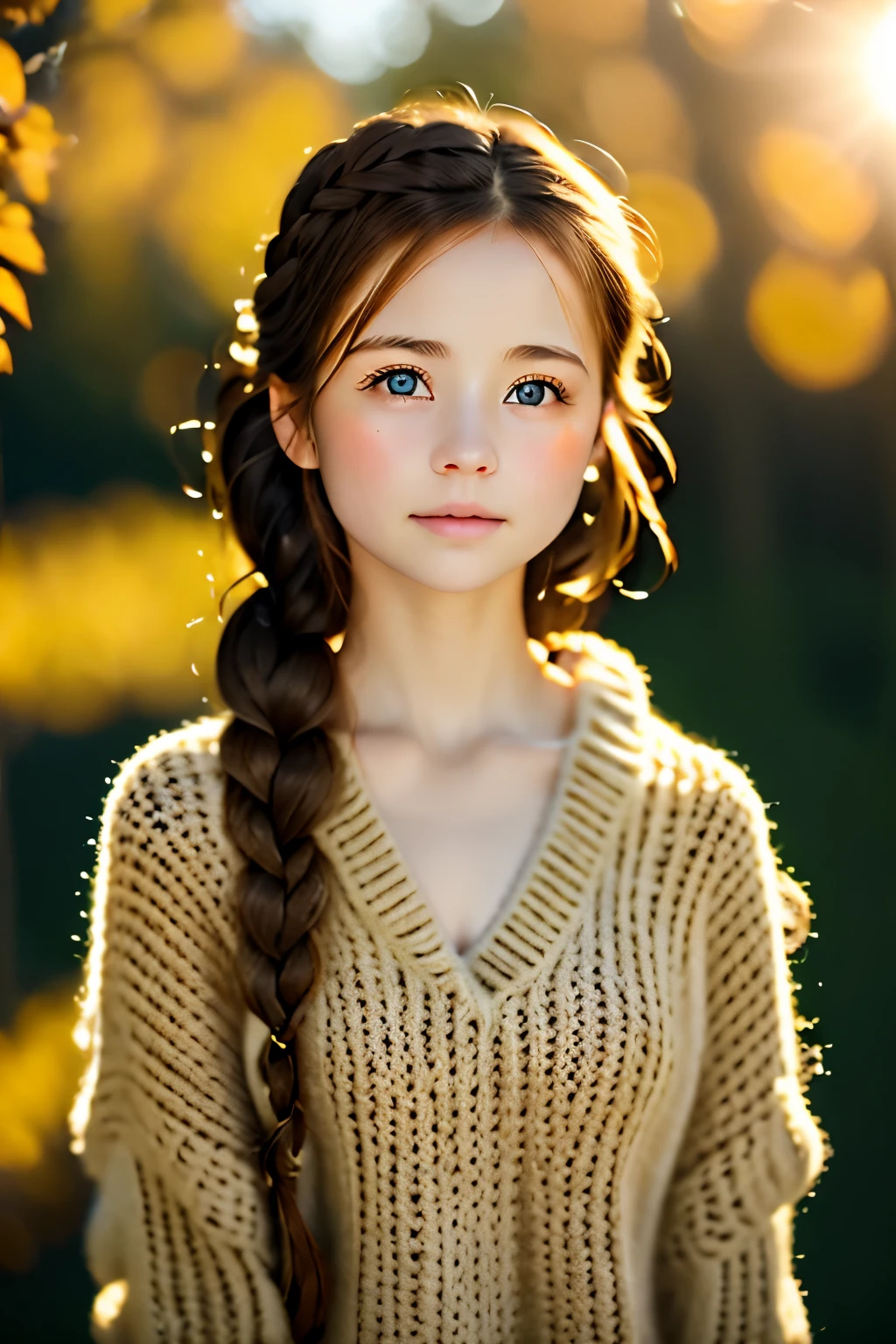 girl,18talent、 cozy sweater, Upper body,Very cute、brown eyes、brown hair、french braid, (wide open eyes:1.2), glare of the sun, Bokeh, Depth of bounds written, blurred background, particles of light, strong wind,、Highest image quality、highest quality、ultra high resolution、master piece、