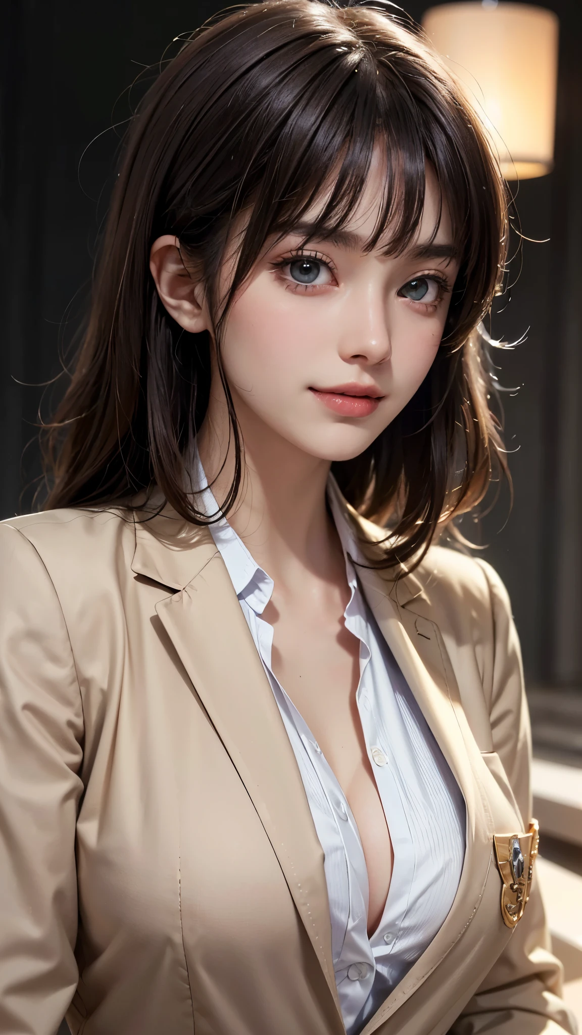 (UHD, retina, masterpiece, accurate, anatomically_correct, textured_skin, super_detail, high_details, high_quality, best_quality, high_res, 1080P, HD, 4K, 8k, 16k), (beautiful_detailed_eyes, beautiful_detailed_lips, extremely_detailed_eyes_and_face), soft_lighting, physically-based_rendering, vivid_colors, (large_breasts:1.5), (shiny_hair, shiny_skin, tanned_skin, blush), (bangs:1.5), eye_reflection, (bokeh), semi-profile_view, smile_and_laugh, (blazer, shirt:1.5),
