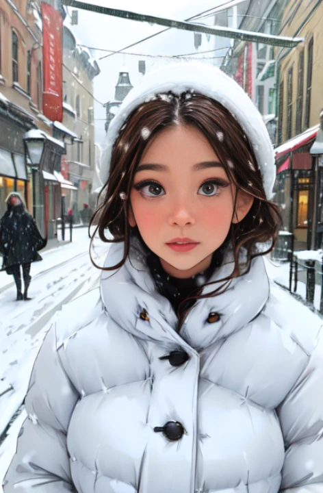 (best quality:1.2, highres, masterpiece:1.2), sophisticated attire, mature woman, brown bangs, reddened (mesmerizing shimmering eyes), averted gaze, extremely detailed, resting on a voluptuous chest (snow falling around her:1.2), main street outdoor scene