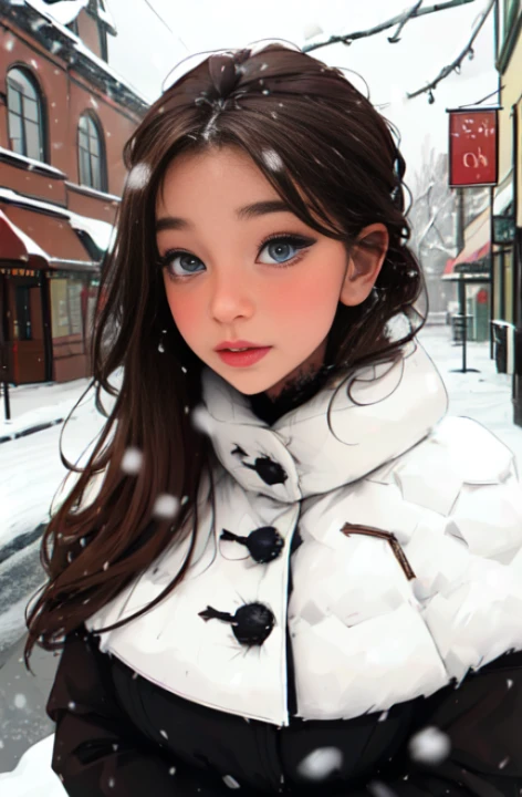 (best quality:1.2, highres, masterpiece:1.2), sophisticated attire, mature woman, brown bangs, reddened (mesmerizing shimmering eyes), averted gaze, extremely detailed, resting on a voluptuous chest (snow falling around her:1.2), main street outdoor scene