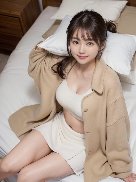 (Photorealistic), (ultra high realistic), (Ultra high definition), (ultra high detailed), (Increase contrast), (Increase saturation), (A 12-year-old girl), (light skinned)A pretty woman with perfect figure, Cute face, Beautiful expression, (Lifelike face), Beautiful hairstyle, Realistic eyes, beautiful detail, (real looking skin), Beautiful skins, enticing, The ultra -The high-definition, A hyper-realistic, Realistic, Very detailed, , ((poneyTail)), bangss, natural make up(Light brown wool short coat and knee-high boots、japanese cute idol, Tartan check)((Very short miniskirt)) Gentle smile, Brown hair,、The cleavage looks bold、beutiful breast、thin-waist、((lying in the passenger seat of a car))
