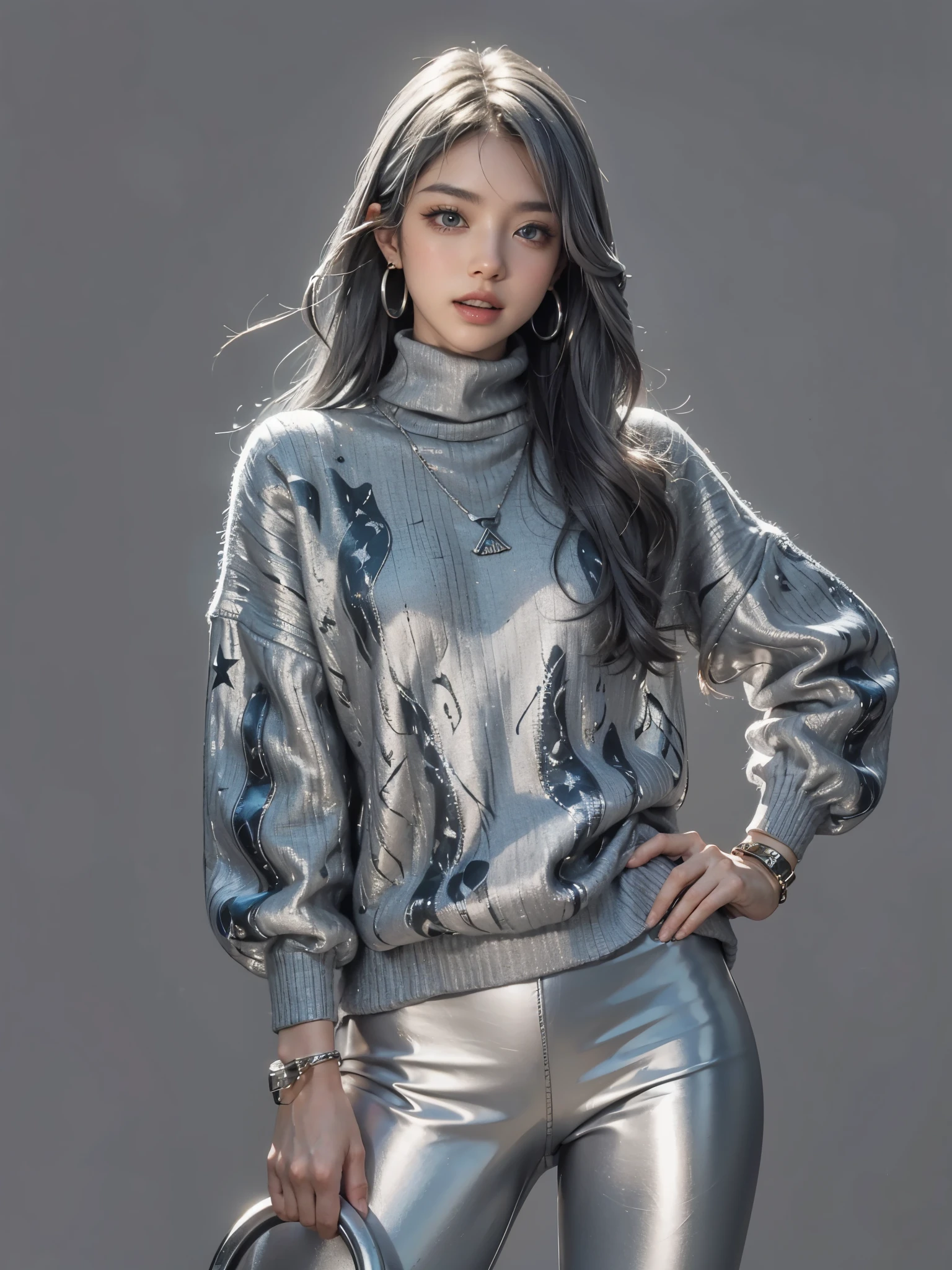 (anime:1.3), (fashion portrait:1.6), ultra detailed, beautiful, masterpiece, best quality, _ BREAK (1girl:1.2), 22 years old, 160 cm, Japanese cute model, Tightened all body, medium Breasts, small head, small face, diamond Face, small nose, Sharp Faceline, young hands and fingers, beautiful hands and fingers, five fingers, _ BREAK (Glossy Lips:1.3), (Light color lips, Half open mouth, beautiful Teeth:1.2), (dropy eyes, Double eyelid, Blue eyes:1.), _ BREAK (arranged hairstyle:1.3), (gray hair:1.3), _ BREAK (gray simple background:1.4), (blurry background, Fog, mist:1.2), _ BREAK (cowboy shot:1.7), (standing:1.6), (sexy model pose:1.6), BREAK (Cyberpunk theme:1.2), ((white oversized turtleneck sweater) with (black circuit-pattern), short length:1.2), (black tight leggings:1.2),
BREAK
(black high-cut sneakers:1.1), (silver hoop earrings:1.2), (minimalist silver necklace:1.2), (silver bracelet:1.2), (silver anklet:1.2)