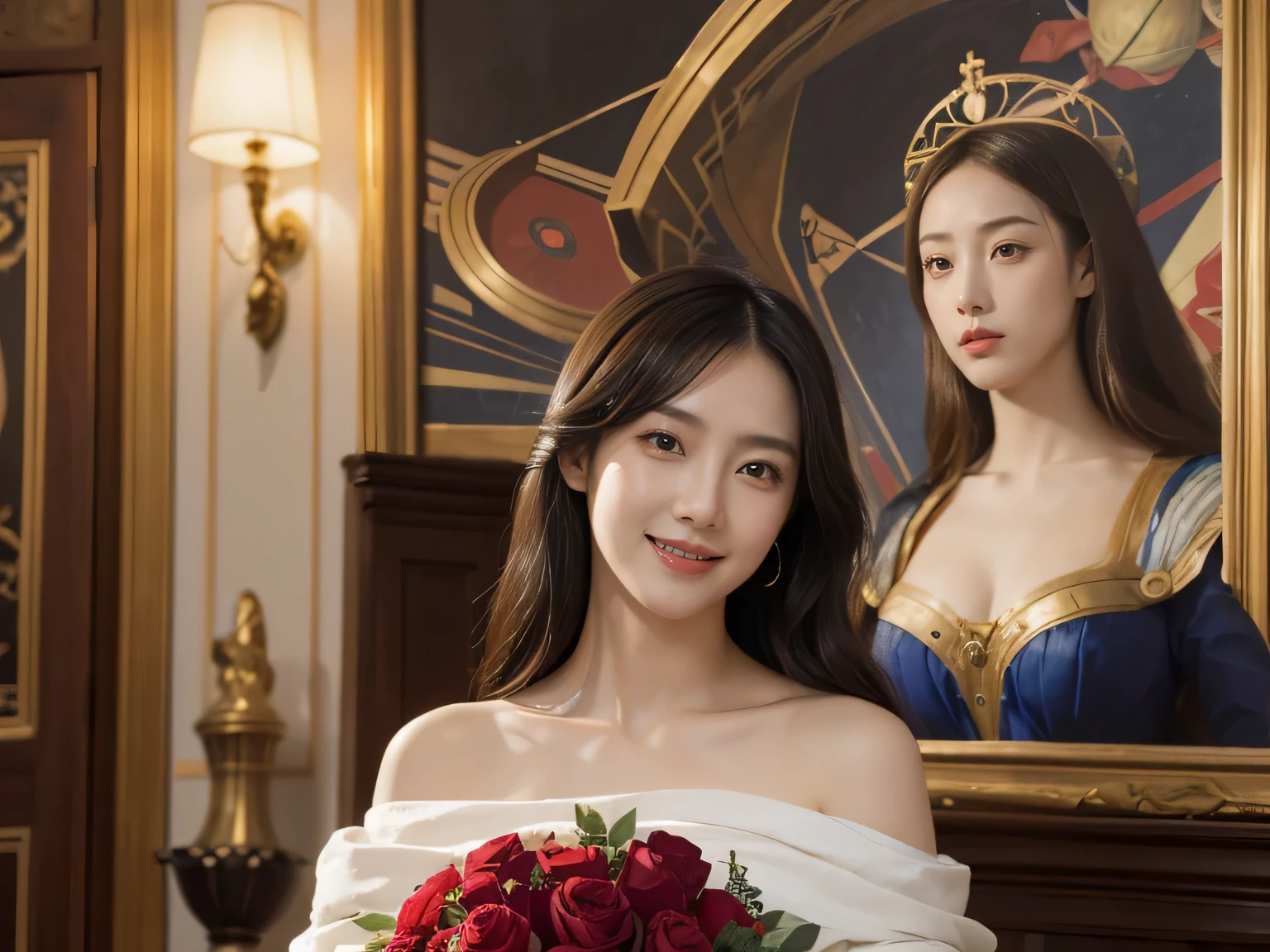 Geometry,astronault,quantum mechanics,Math,Astronomical machinery,astronault.Roses in a vase.fruits,Colossal tits,A smile.Ancient Greek costumes,Paintings by Sandro Botticelli。Costume with stretched shoulders,huge smile,Chiaroscuro of Caravaggio,Cute smile, Expression of ecstasy,A sexy