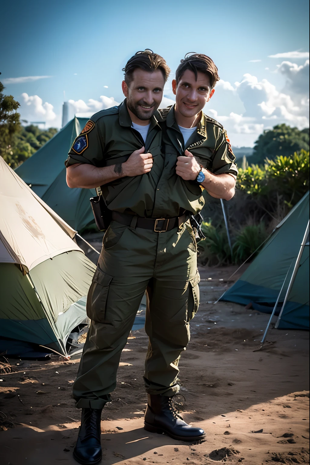 A 40 year old man, ((2heads)), conjoined dicephalus,, masterpiece quality, realistic, daylight, wearing low plunge army fatigues, wearing combat boots, sweaty, on a military base, military tents in background, troops in background, jungle in background, action shot