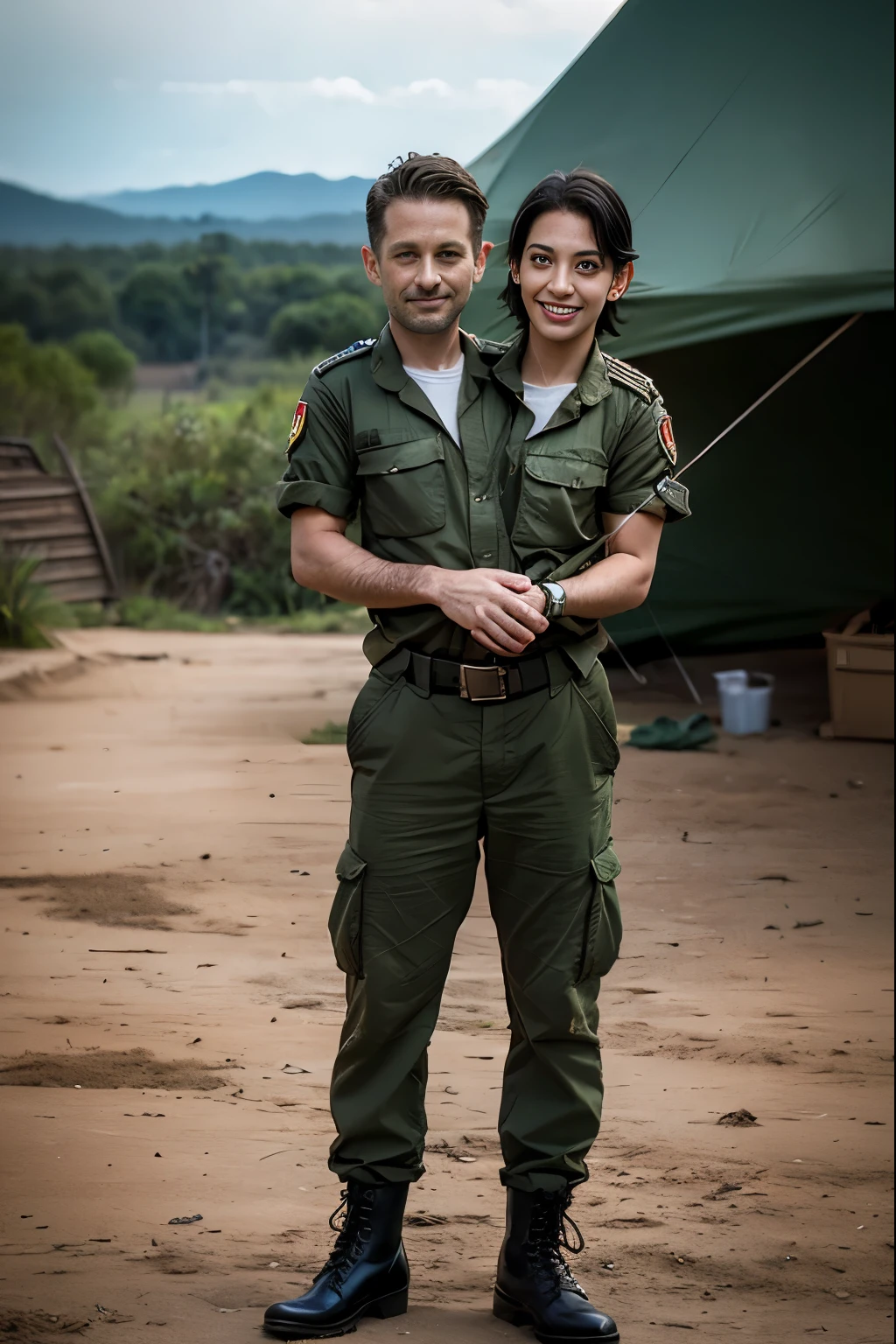 an 18-year-old brunette girl, no tanned skin, black cargo pants, on a rocket launch site, with her 18-year-old boyfriend, nude