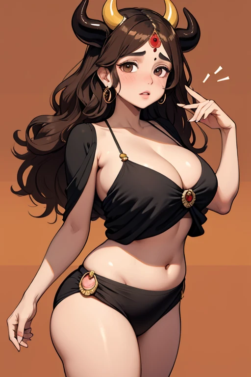 Brunette wavy hair，Mr.々colored saree，black eye、indian elements,Brown woman、plump body shape、Cow horns on the head