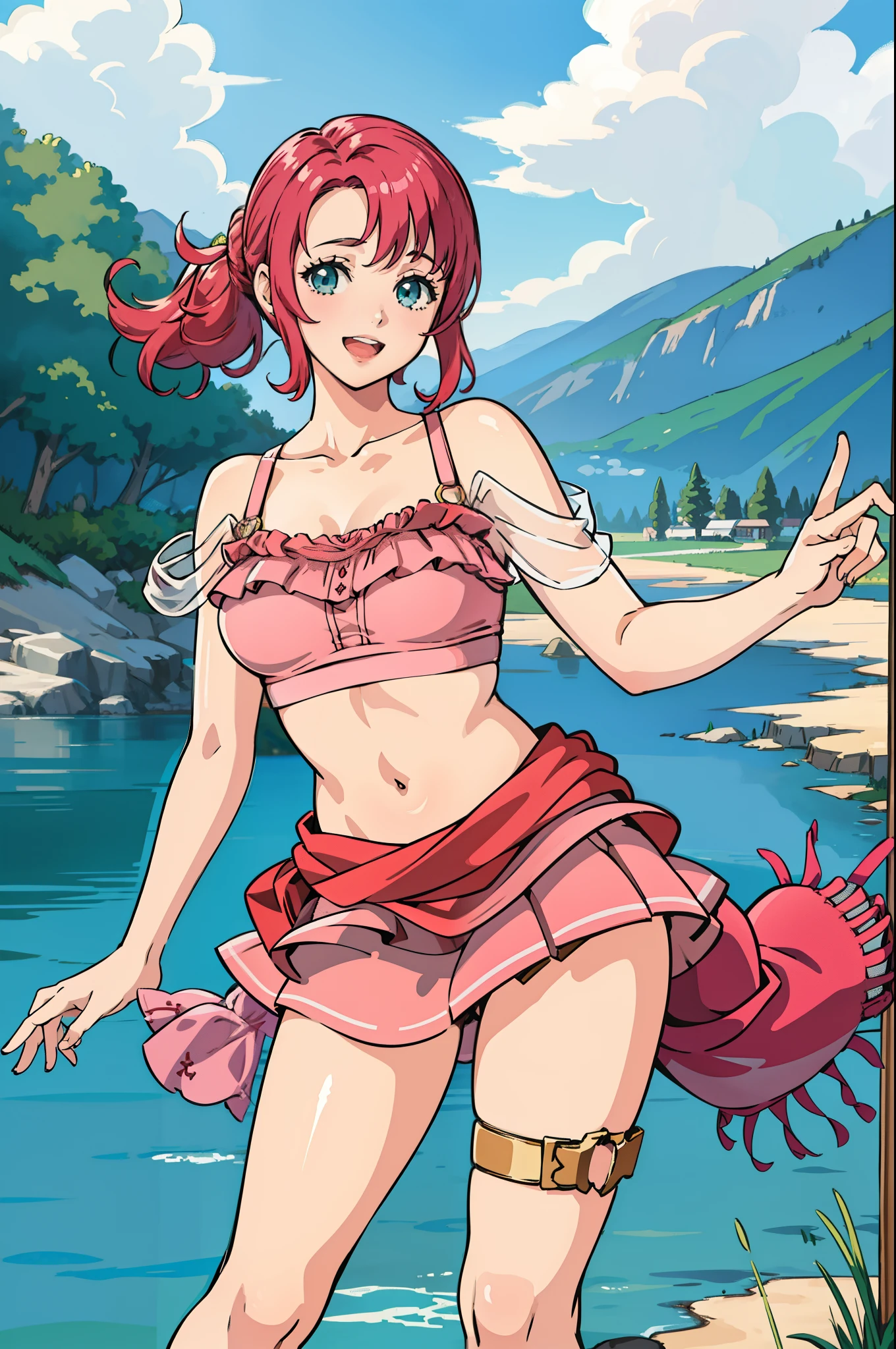 masterpiece, best quality, norne, pink bikini, pink skirt, thigh strap, smile, hand up, v sign, open mouth, looking at viewer, field, lake masterpiece, best quality