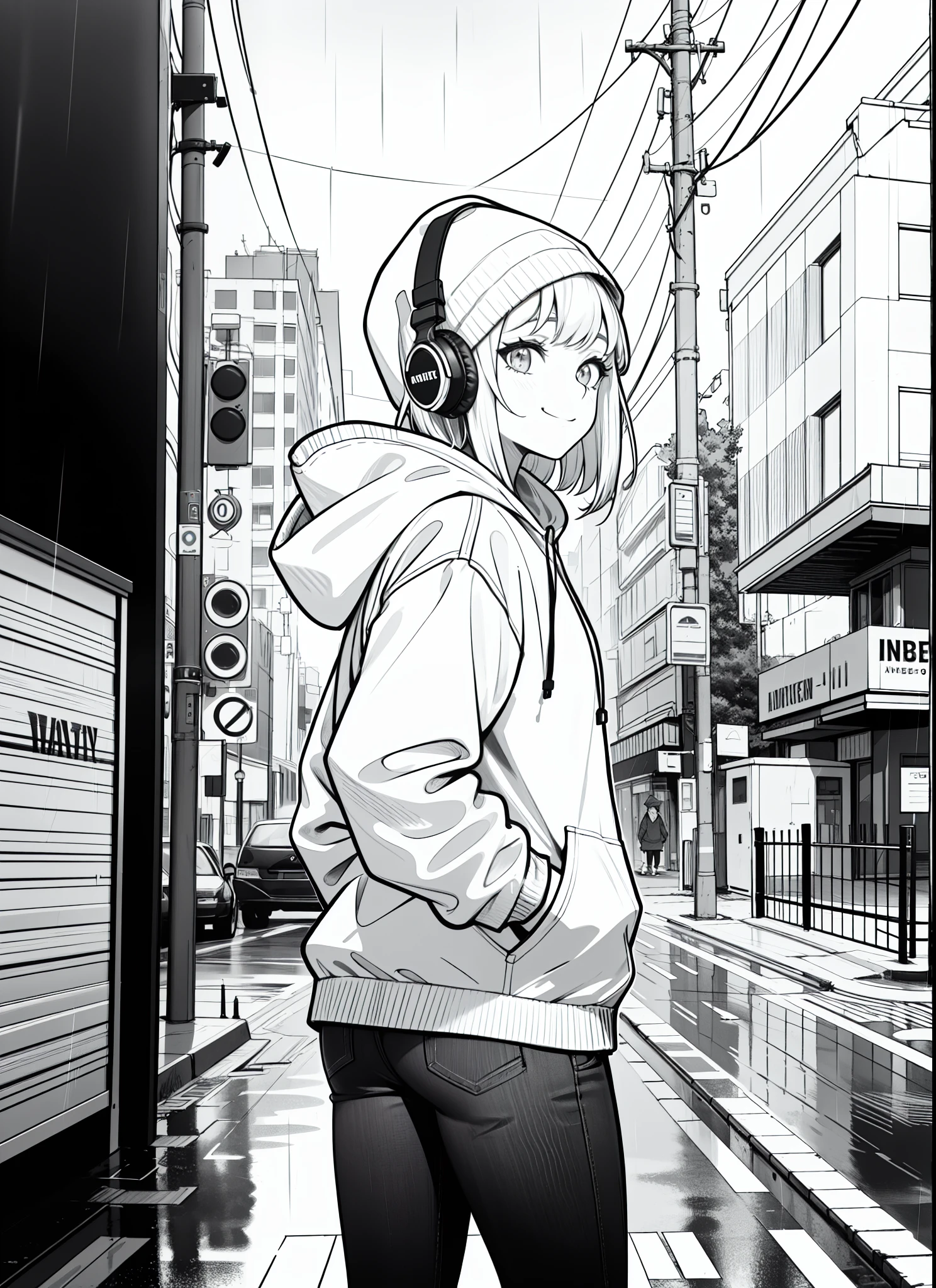 best masterpiece,1girl,solo,incredibly absurdres,hoodie,headphones, street,outdoors,rain,neon lights, light smile, hood up, hands in pockets, looking away, from side, lineart, monochrome,