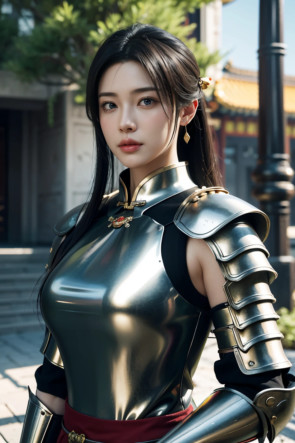 Game art，The best picture quality，Highest resolution，8K，((A bust photograph))，((Portrait))，(Rule of thirds)，Unreal Engine 5 rendering works， (The Girl of the Future)，(Female Warrior)， 
一位中国少女，(Female General)，An eye rich in detail，(Big breasts)，优雅高贵，冷漠，(Brave)，
(Wearing ancient Chinese armor)，(Joint Armor，Metallic luster，Reload)，A fine pattern of dress，A mark with Chinese characteristics，中国人物，奇幻风格，
拍照姿势，野外背景，Movie lights，Ray tracing，Game CG，((3D Unreal Engine))，oc渲染反射纹