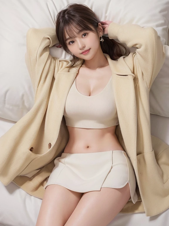 ((small tits:1.4))、((KPOP Idol:1.3))、((Cute Lingerie 1.5))、((Sit up、spread legswide))、Beautuful Women、21years old、tiny chest、smil、bobhair、full bodyesbian、On fur carpet、open one's legs、a miniskirt、Big white cardigan、