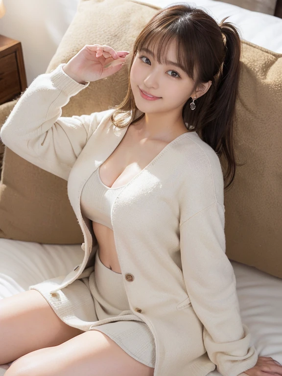 (Sitting posture 1.3),(Facing straight ahead 1.3),(1 girl),(Stock Highlight 1.3),(Shirt 1.3),(Cardigan 1.3),(Panties 1.3),Dynamic Angle,Attention to detail,Depth of written boundary,135mm,Textured skin,Super detailed,high quality,Awards,最high quality,High resolution,8K,White skin,Sun light,stylish,Perfect composition,最high quality,Very detailed,masterpiece,Cute face,Big smile,Beauty,Age 25,At the office,Sit on a chair,Tabletop,supreme beauty,masterpiece,