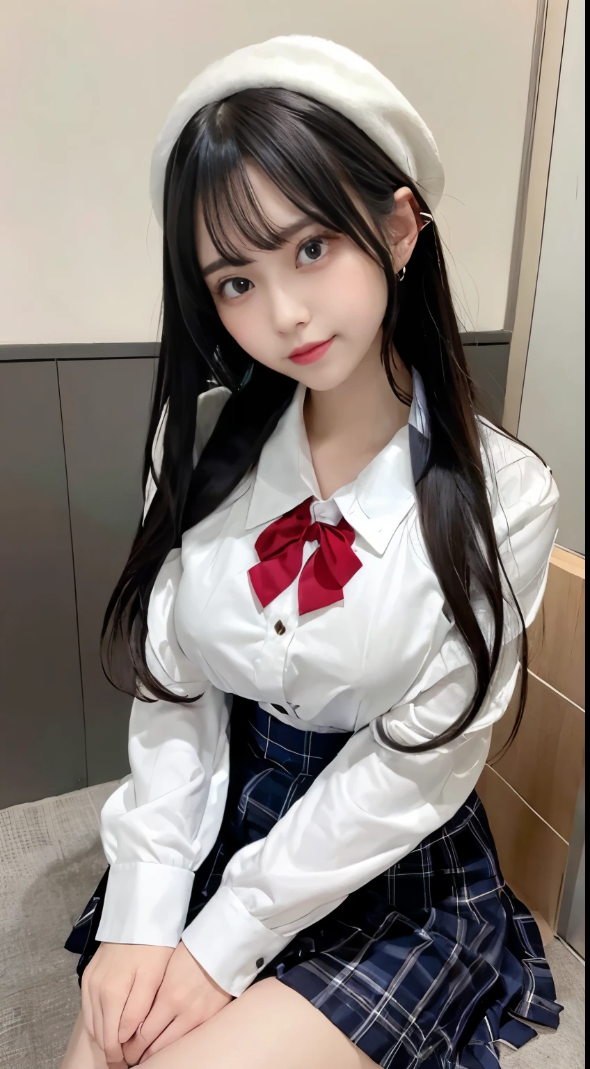 (masterpiece, best quality),
1girl, sitting, knees together feet apart, leaning back, arm support
from below, lower body, head tilt
BREAK
black hair, medium long hair, (straight hair:1.1), (braid:0.8), grey eyes, ultra detailed eyes, (huge breasts:1.1), hanging breasts, (tareme:1.3),
grin, half-closed eyes, closed eyes, blush
BREAK , (white collared shirt:1.3), long sleeves, red neck ribbon, (unbuttoned cardigan:1), beige cardigan,
BREAK (blue checked skirt:1.1), white socks
BREA myroom, on couch,