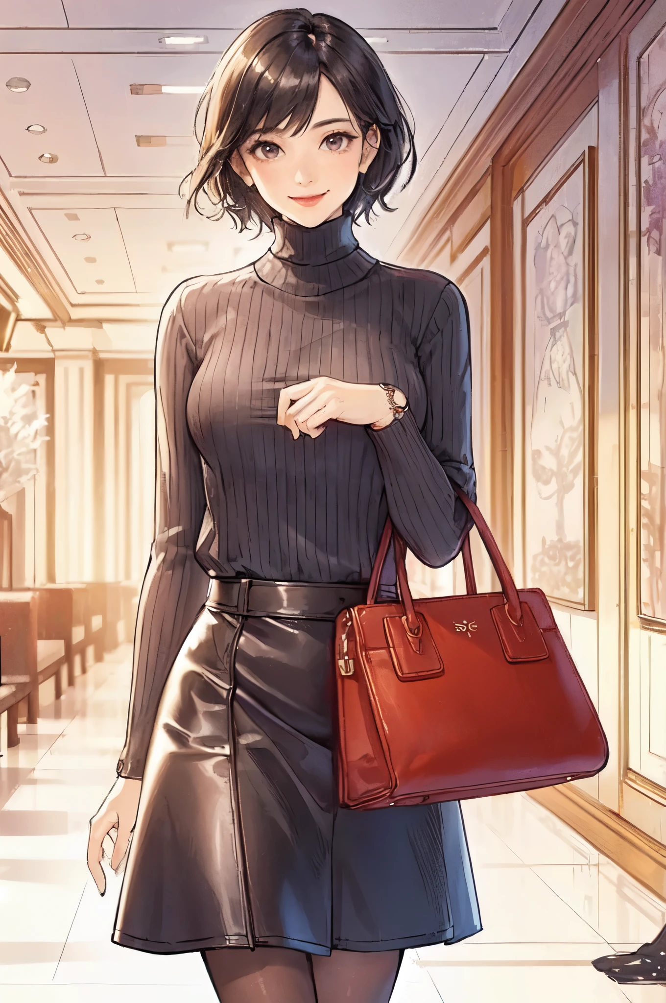 1lady solo, walking slowly, (sweater dress) (leather skirt), mature female, /(black hair/) bangs, light smile, (masterpiece best quality:1.2) delicate illustration ultra-detailed, large breasts BREAK (holding designer's bag) BREAK (corridor of high-end restaurant:1.2) indoors, detailed background