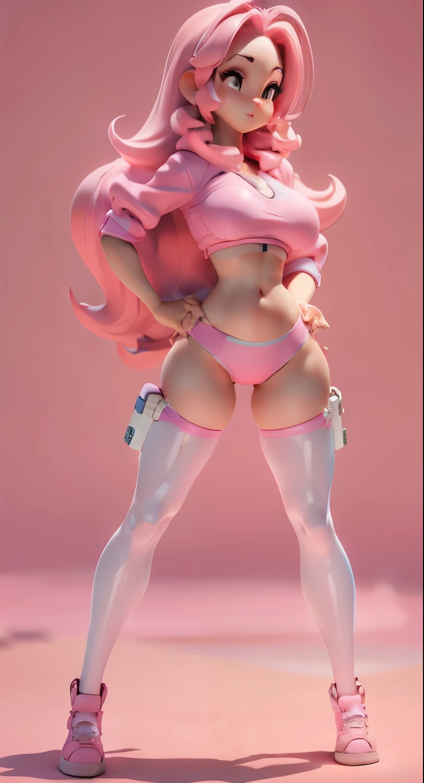 cute,pink hair,pink bikini,front,Squat down,small toy between legs,camel toe,hot expression,transparent clothes,Hands on the ground behind your back,headspace,Put one hand on your belly,Extremely huge breasts