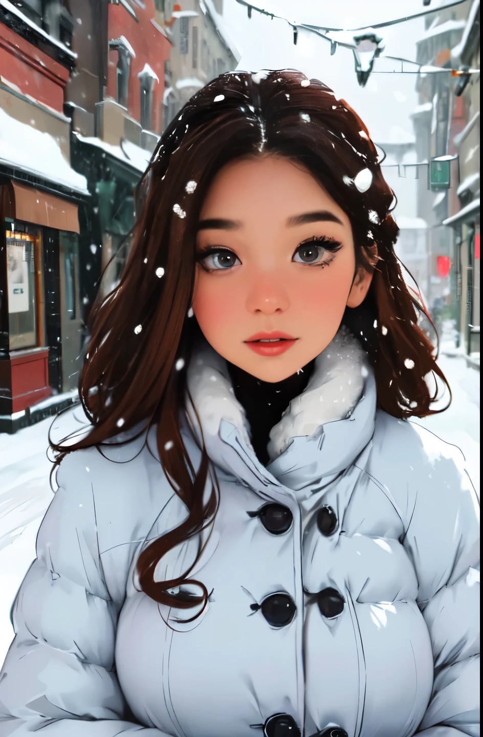 (best quality:1.2, highres, masterpiece:1.2), sophisticated attire, mature woman, brown bangs, reddened (mesmerizing shimmering eyes), averted gaze, extremely detailed, resting on a voluptuous chest (snow falling around her:1.2), main street outdoor scene
