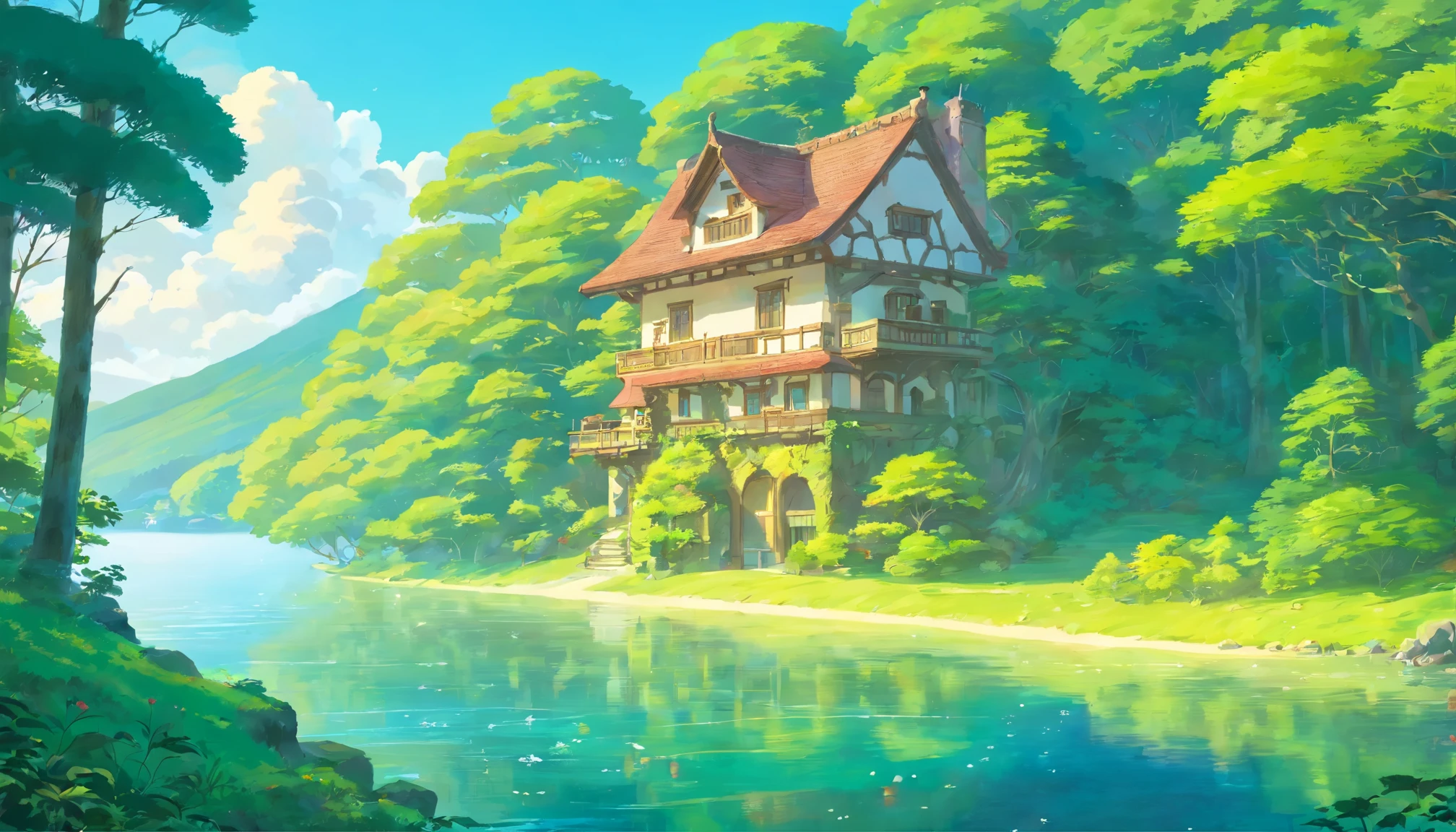 The atmosphere in the forest, A classic two-story house, white paint, By the lake, Canaries fly, The beautiful sunlight shines, Cool air