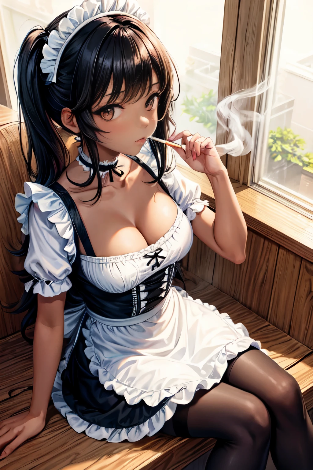 a woman is dressed in maid dress smoking a cigarette while looking down, 1girl, breasts, solo, cleavage, sitting, large breasts, maid, looking at viewer, maid headdress, black hair, apron, choker, pantyhose, dark-skinned female, dark skin, long hair, cigarette, bangs, indoors, collarbone, brown eyes, black choker, holding, holding cigarette, frills((kiddie, JC,littlegirl,kodomo))