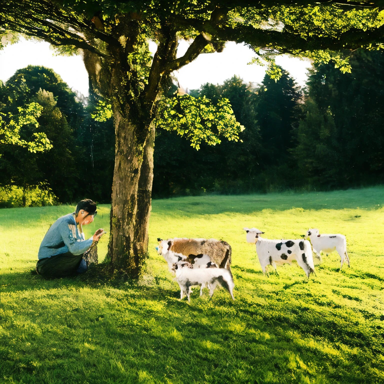 They are doing fucking in the rain under the tree, A pile of straw beside them, cows beside them.
