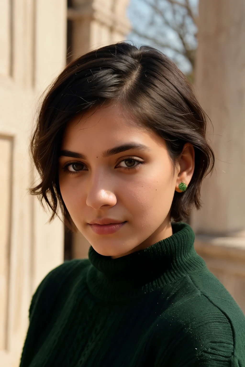 instagram photo, 21yo french woman, short hair, black hair, closeup portrait, sweater, pale, hard shadows. make full realistic and indian look full . wear green colour best dress .make more indian look and realistic