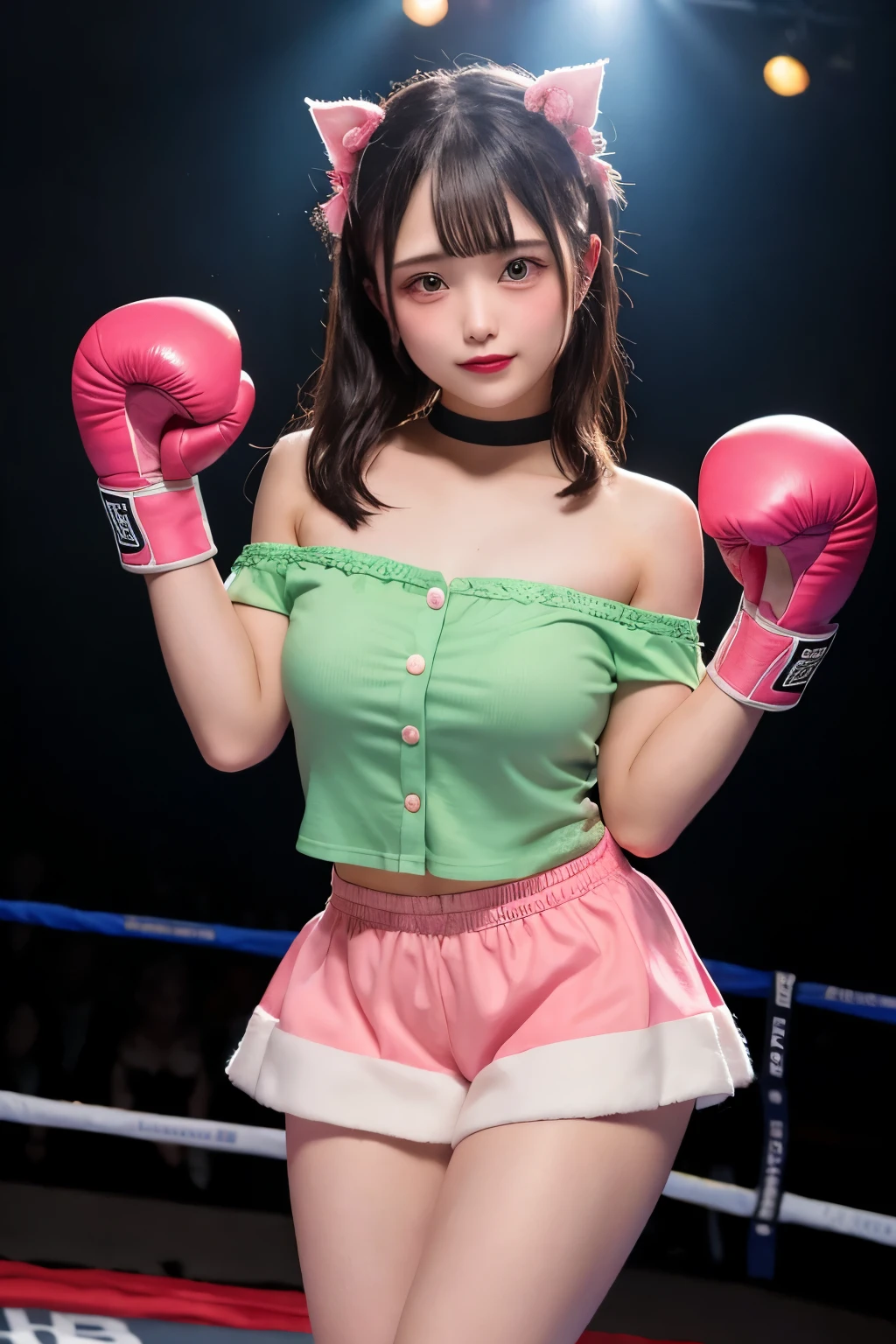 ((A girl with a very young face)), ((highest quality)), 11 years old、, A girl with a very young face wearing a pink and sky blue shirt, ((Girl with boxing gloves)),, Shorts, Boxing match ring、(Natural Makeup)、Off-the-shoulder girls、cute、Plump thighs、Big Breasts、Standing in the boxing ring、Dark Background、Belly button、Girl illuminated by light、A girl with a very young face and twin tails、Fluttering skirt、NSFW:0.99